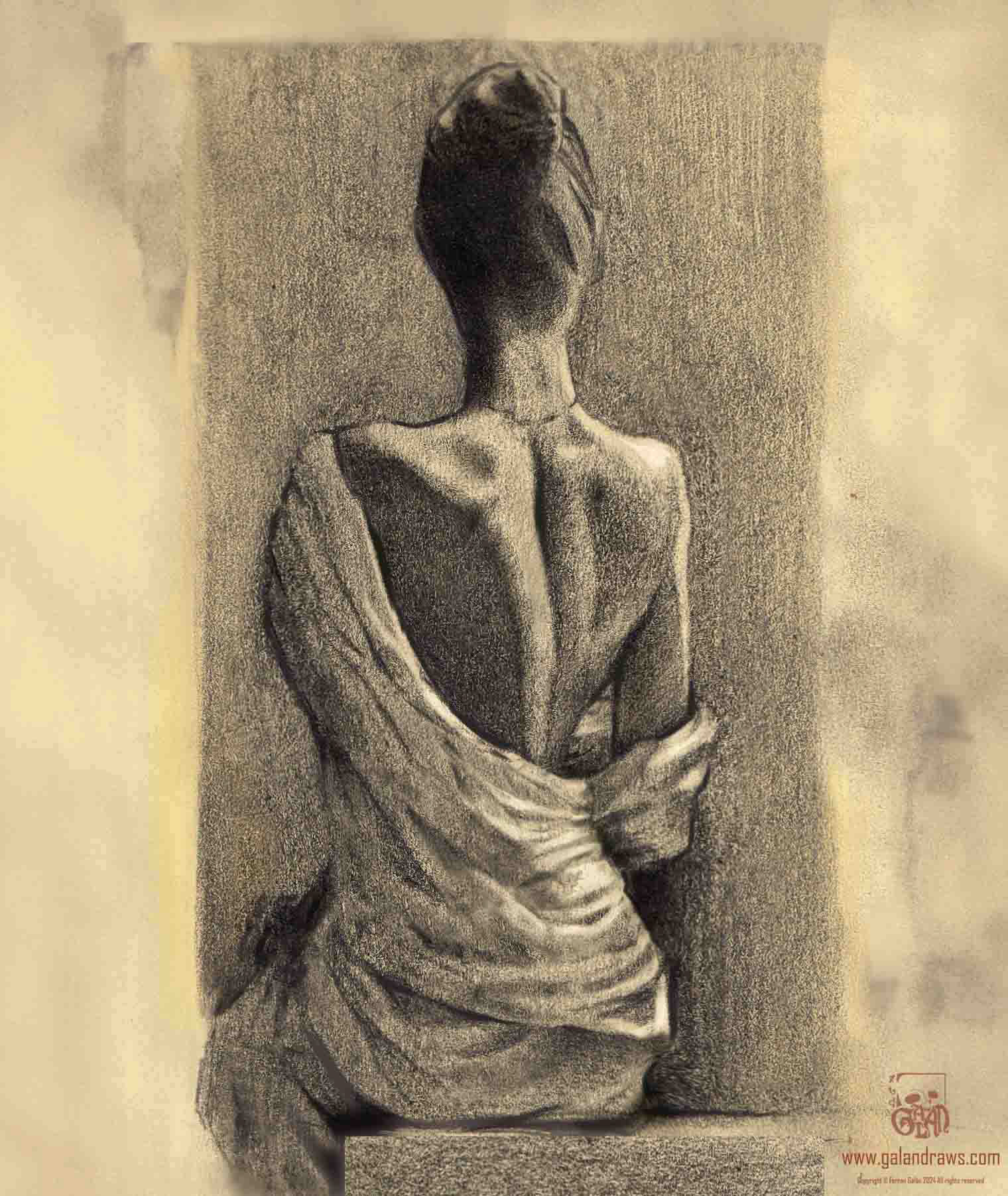 Graphite drawing of an elegant woman backwards with her hair in a bun, wearing a falling tunica revealing her back