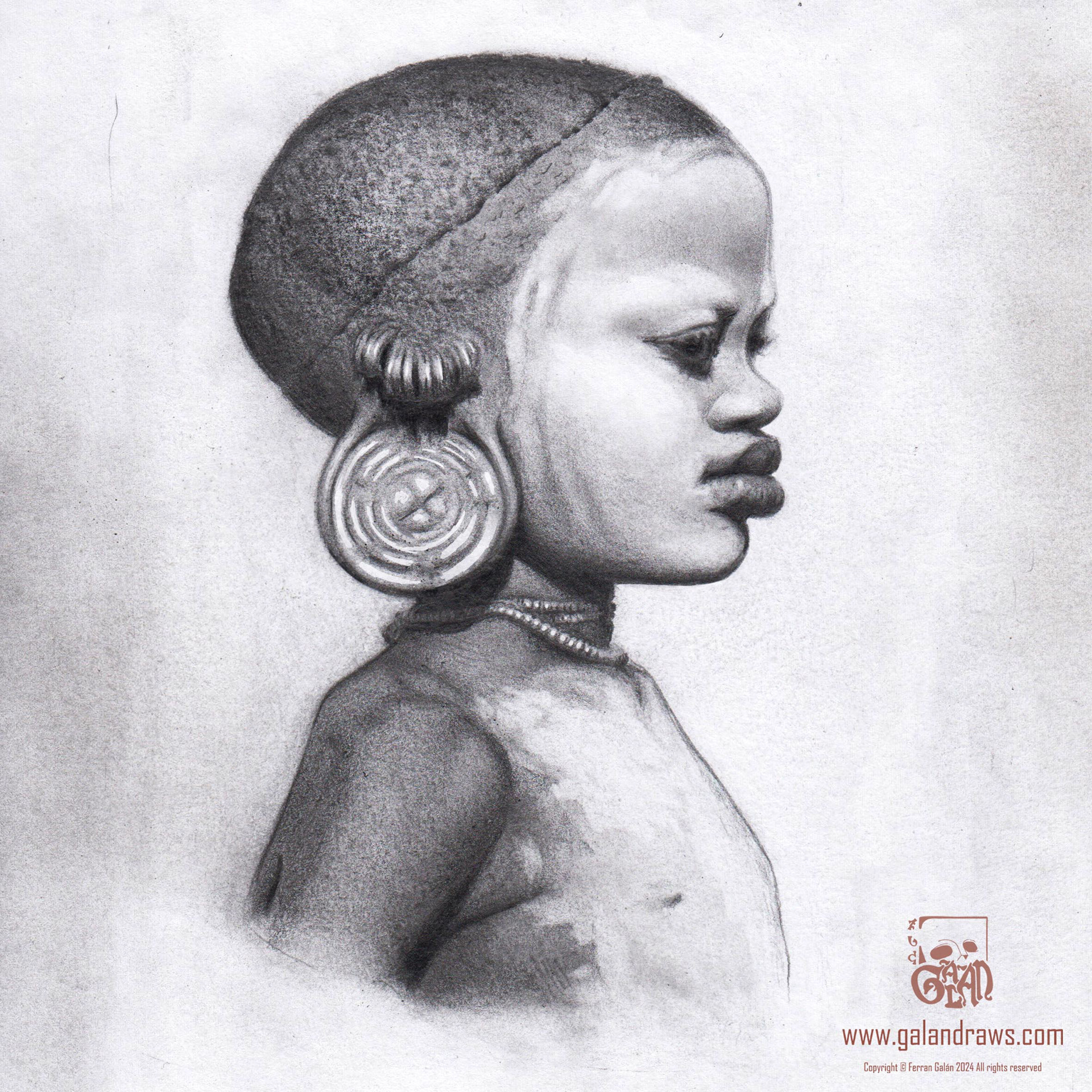 Graphite profile portrait of a Surma tribe little kid