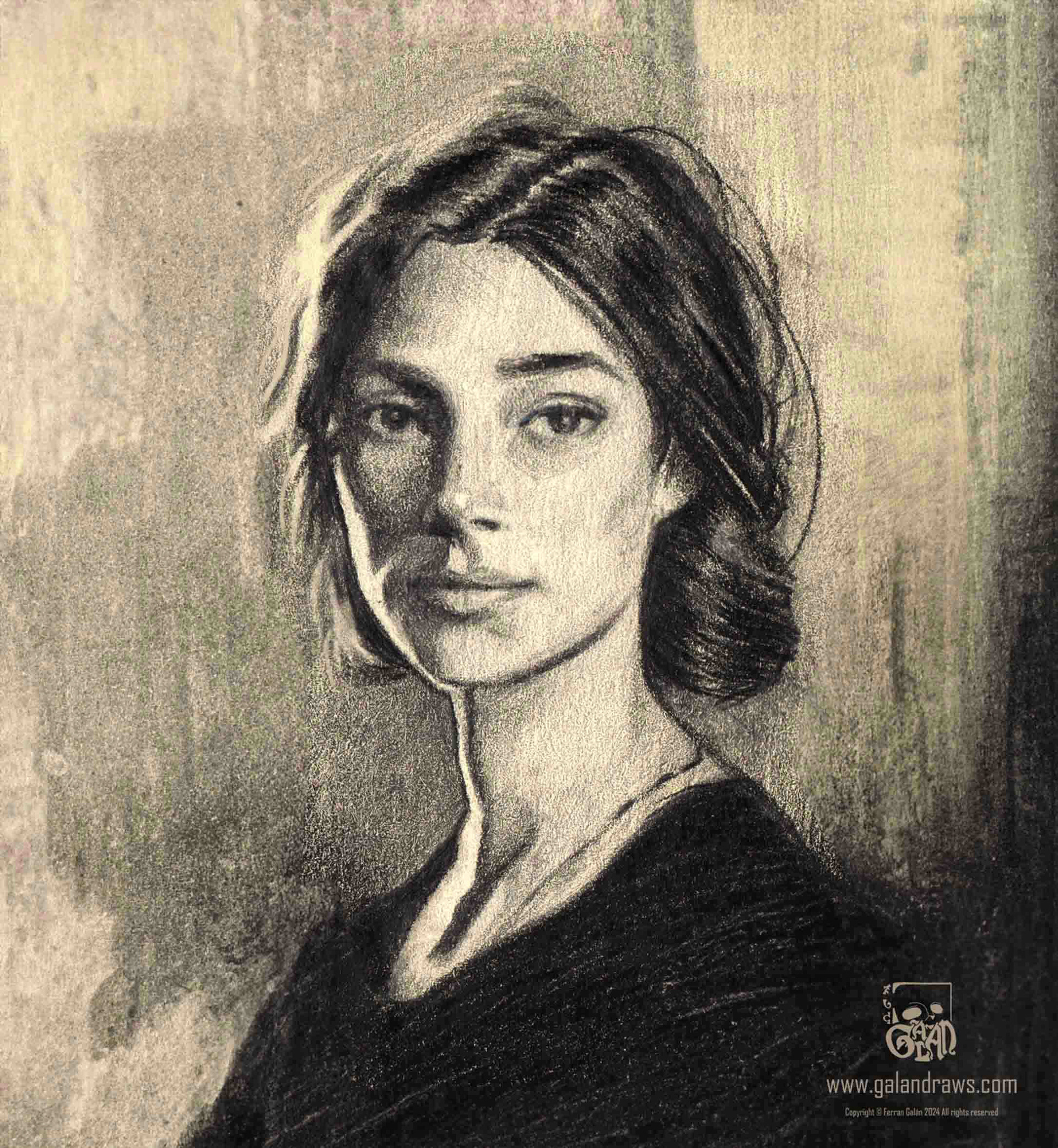 Graphite ciaroscuro portrait of a classy woman with rim light in the edge of her face