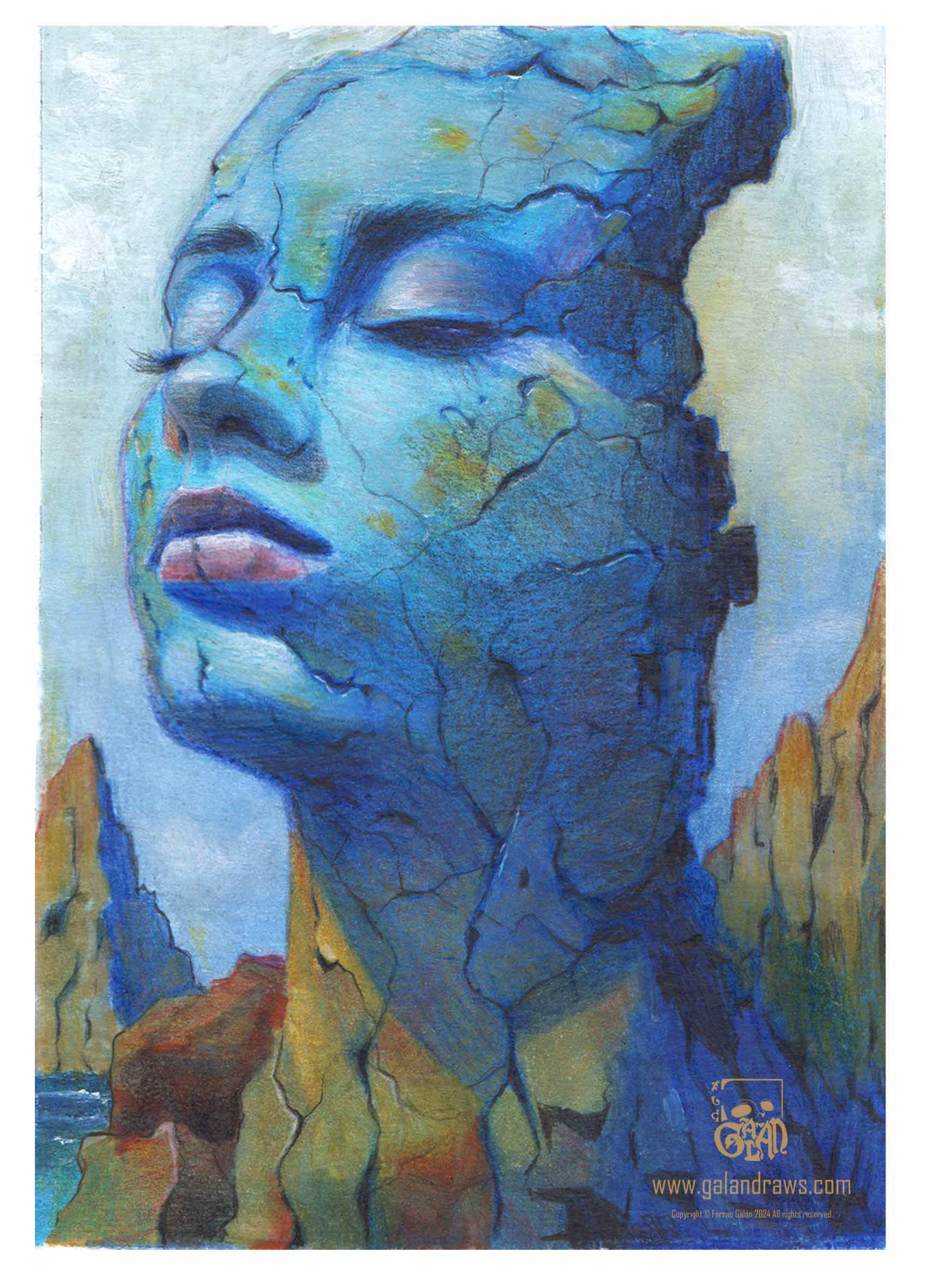 Surrealist color pencil portrait of a woman head with cracks and scratches as if it was made of rock. Fantasy landscape.