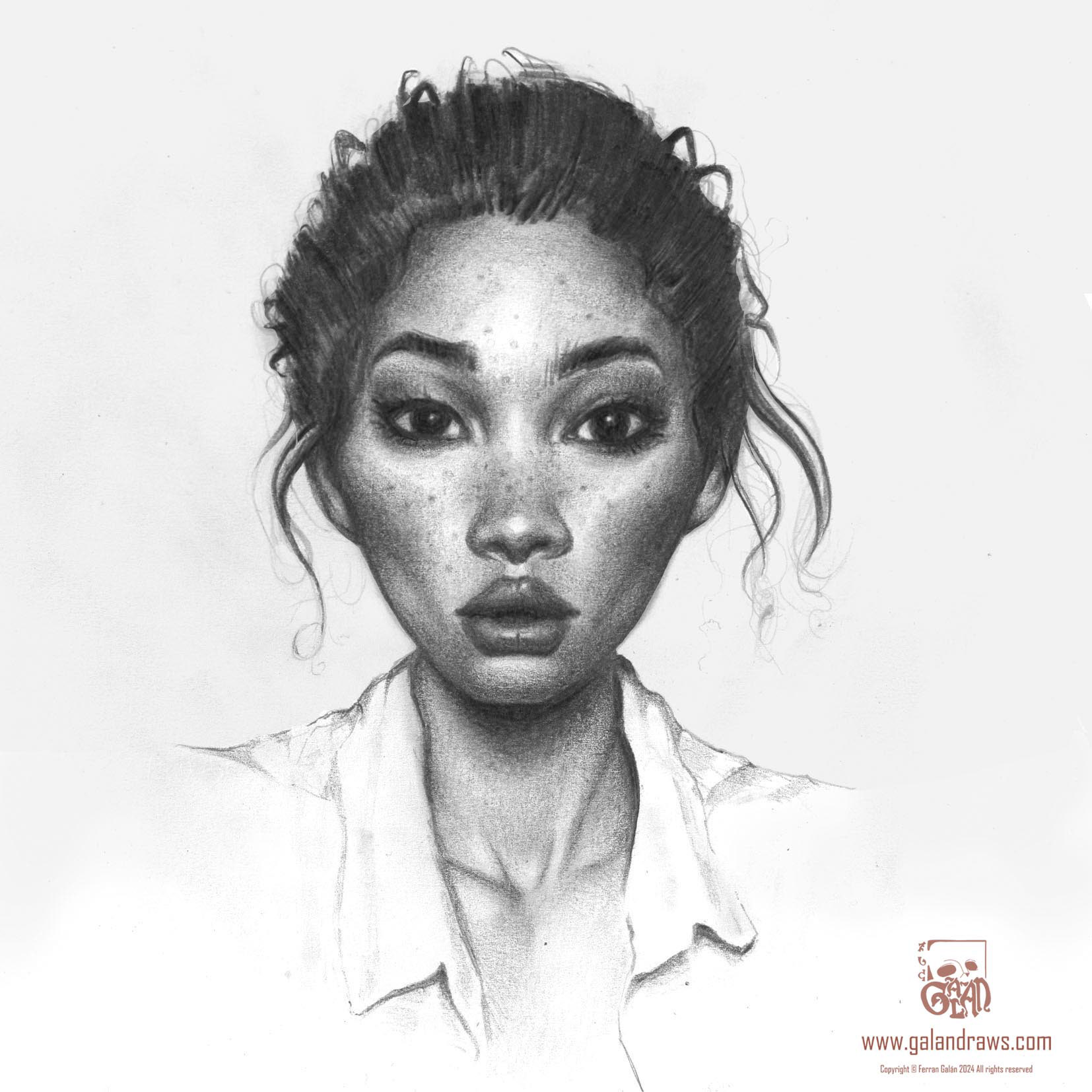 Graphite drawing of a freckled brunette with big dark eyes