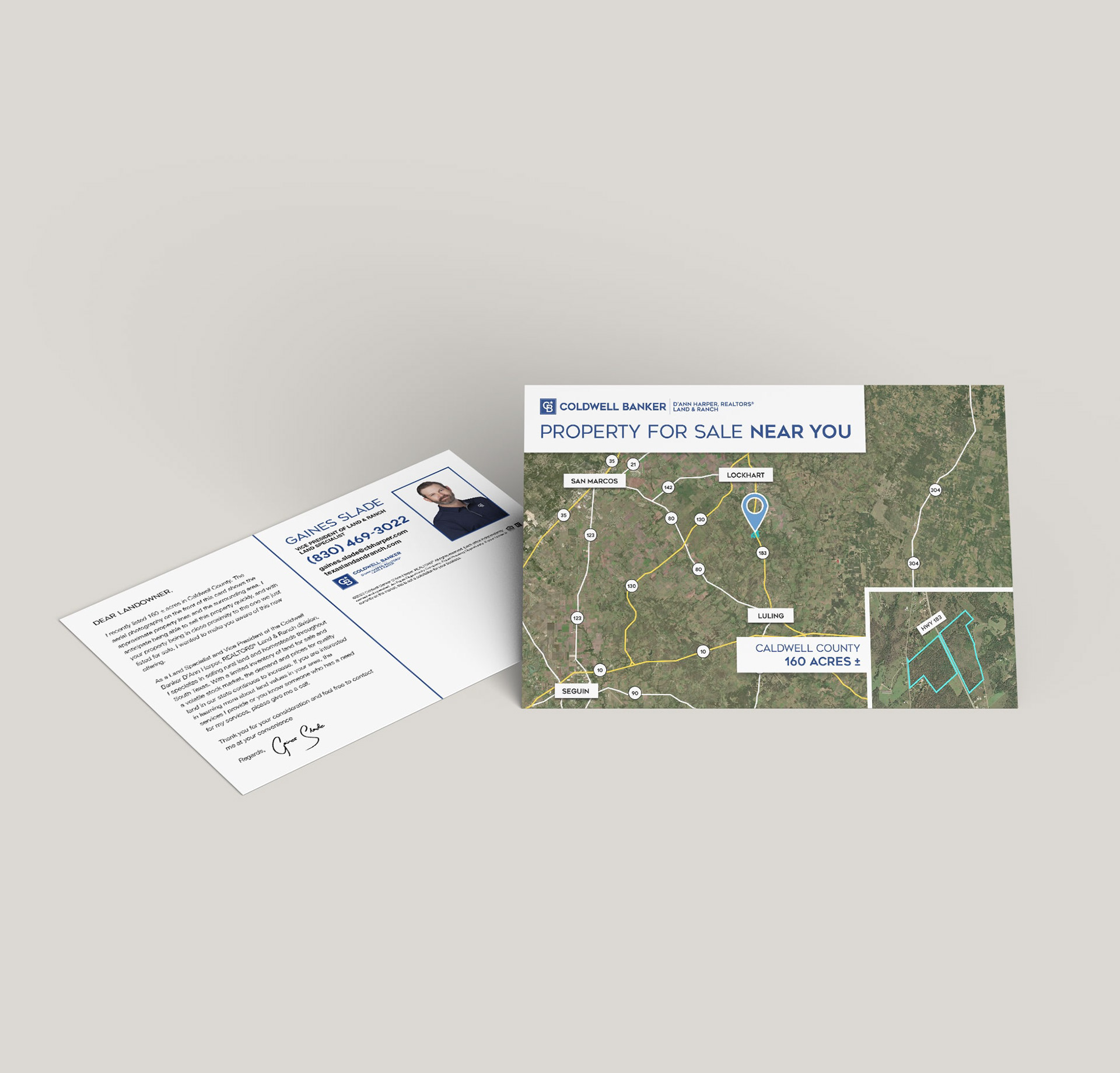 Map card where I outline the property both close up and far away and it is sent to the local area.