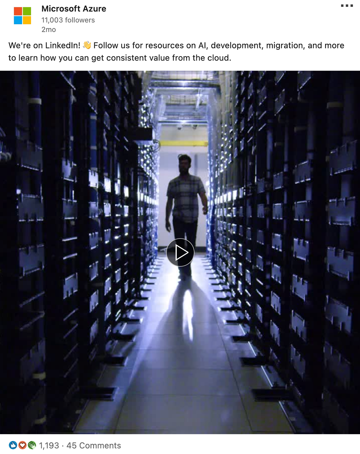 Azure LinkedIn. Text reads " We're on LinkedIn! 👋 Follow us for resources on AI, development, migration, and more to learn how you can get consistent value from the cloud."