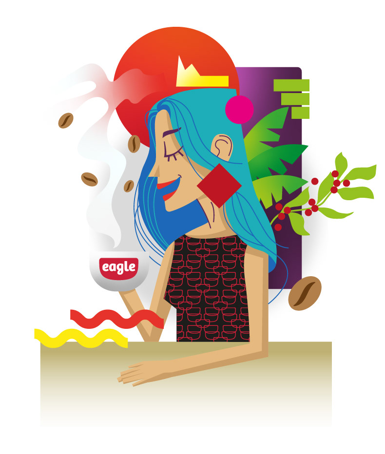 Ilustración, chica tomando café