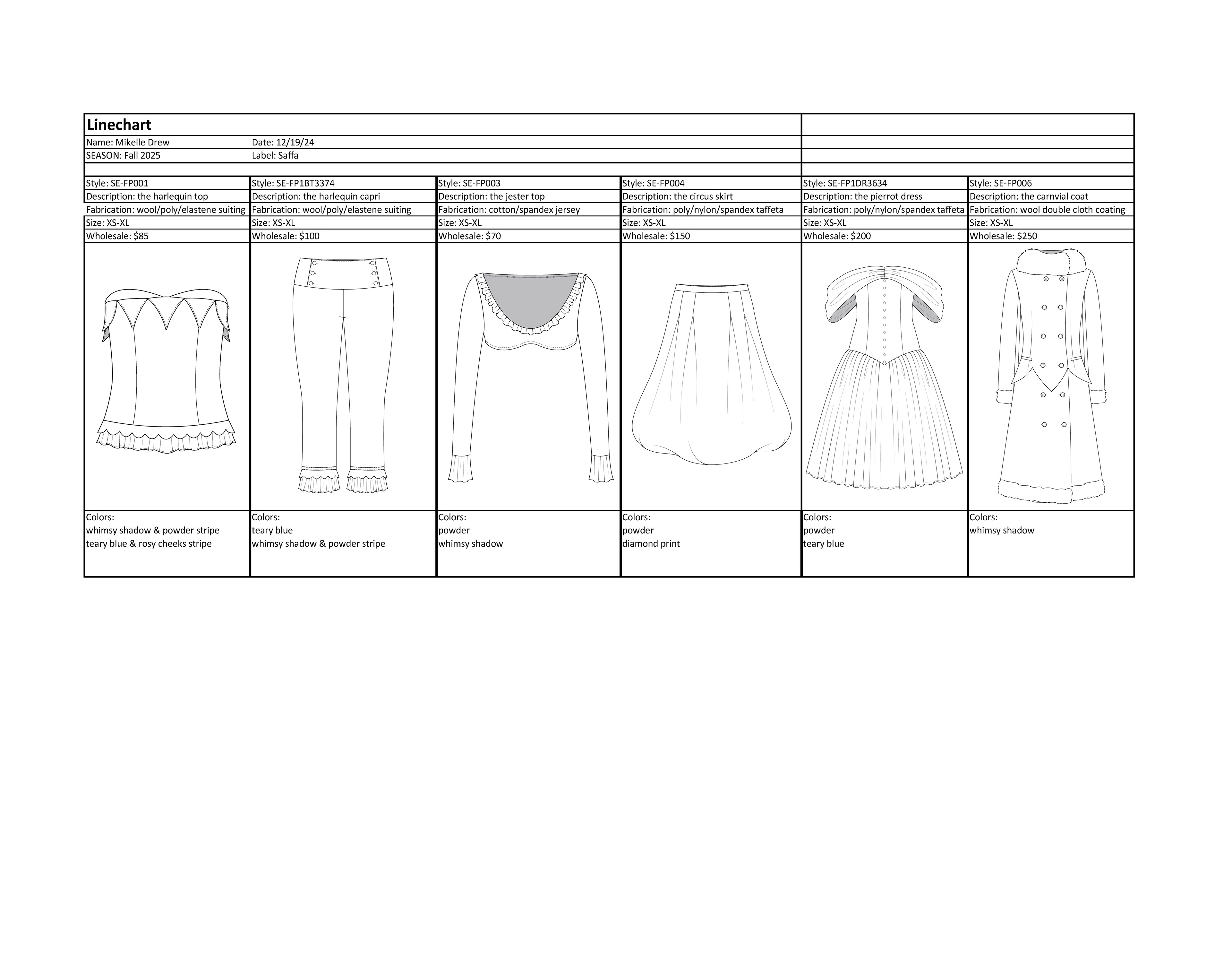 linesheet made in Microsoft Excel