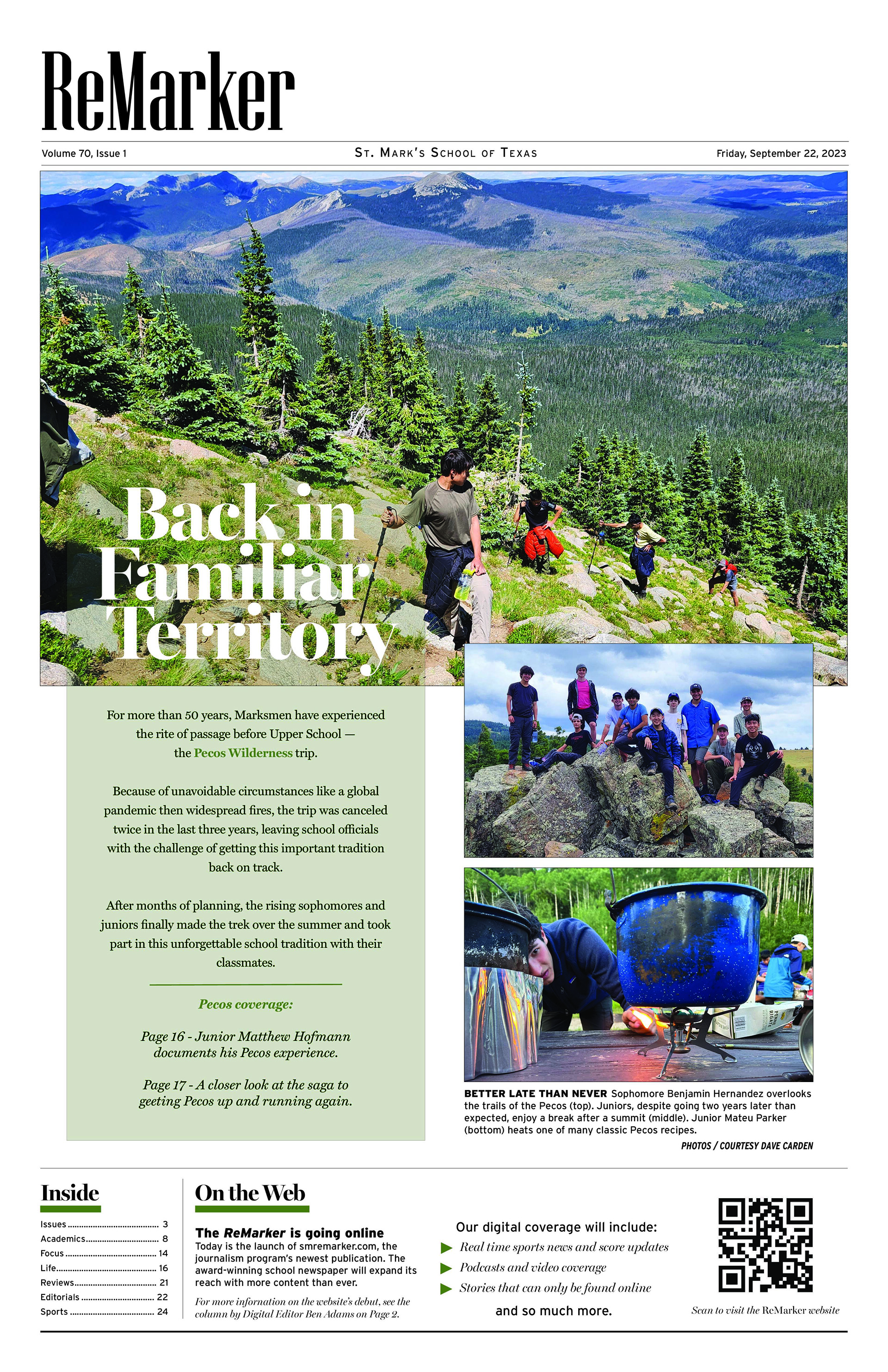 This, the first cover from Vol. 70, showcases the return of a school tradition: the Pecos Wilderness Trip.