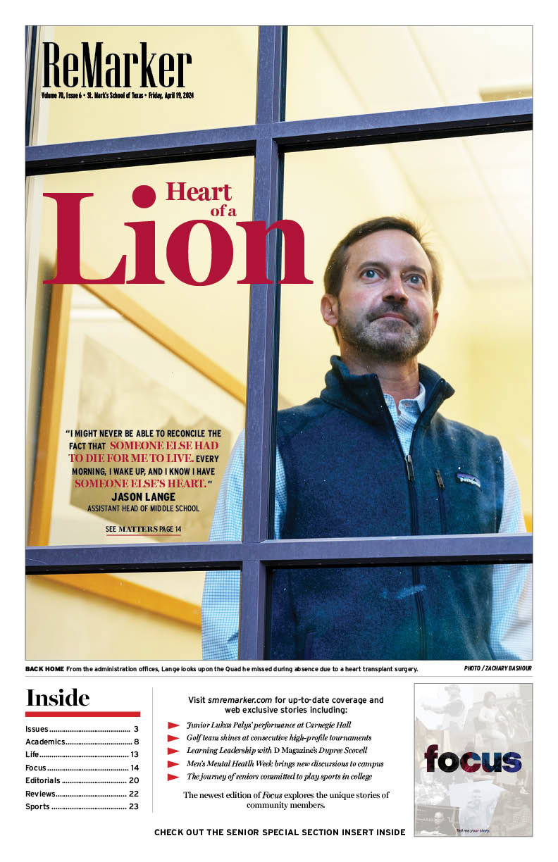 Accompanied by a quote about his return from a heart transplant, my final cover showcases an administrator looking back onto campus from his office.