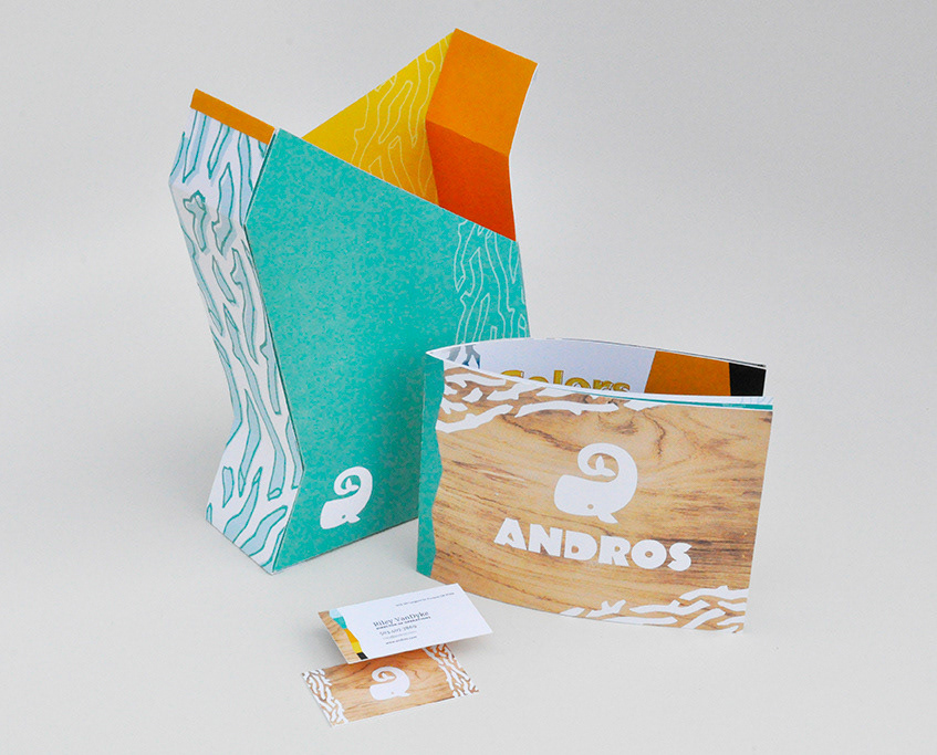 Andros branded gift bag, brand book, and business cards