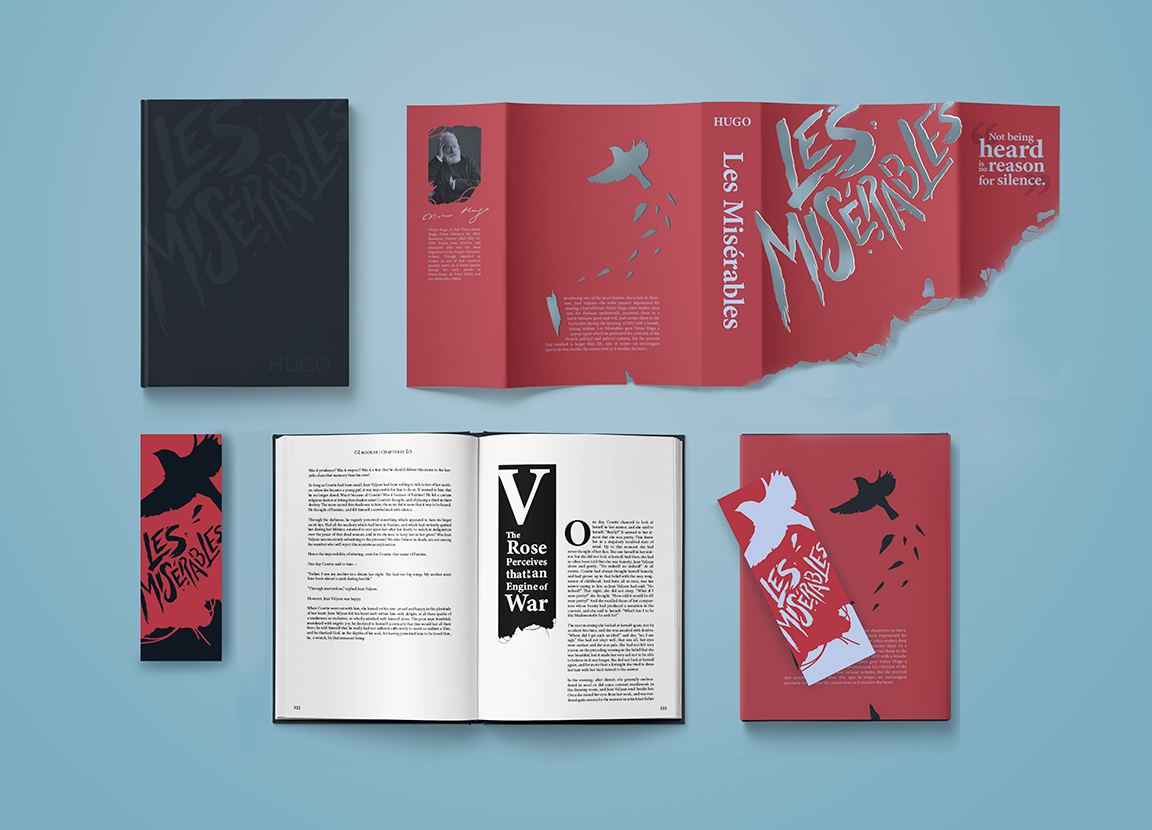 Les Mis full book jacket, inside cover, inside page, and book marks