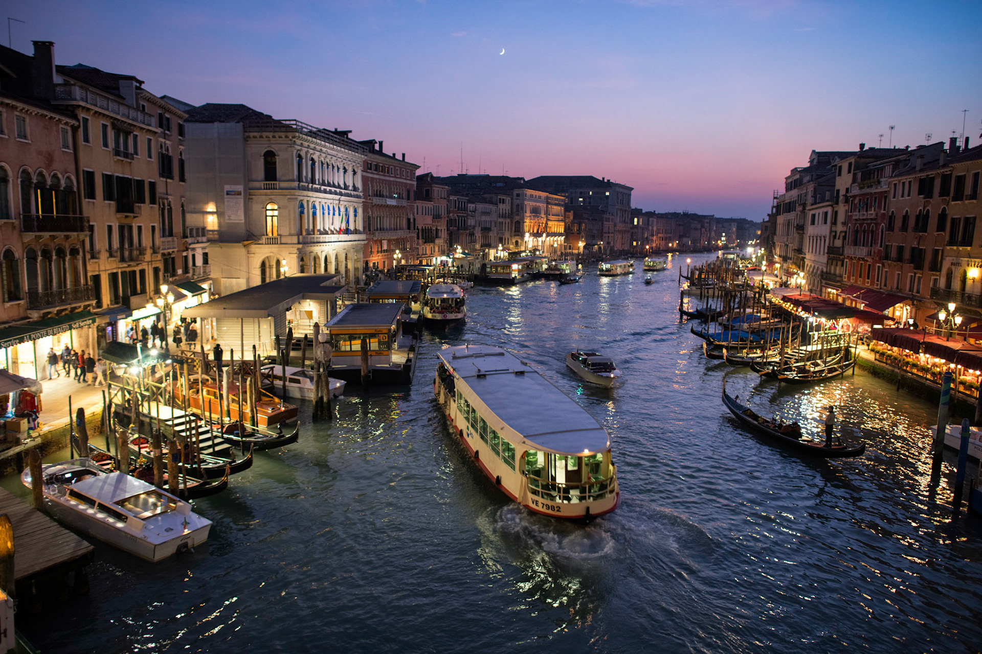 Crescent moon over Venice's Grand Canal
