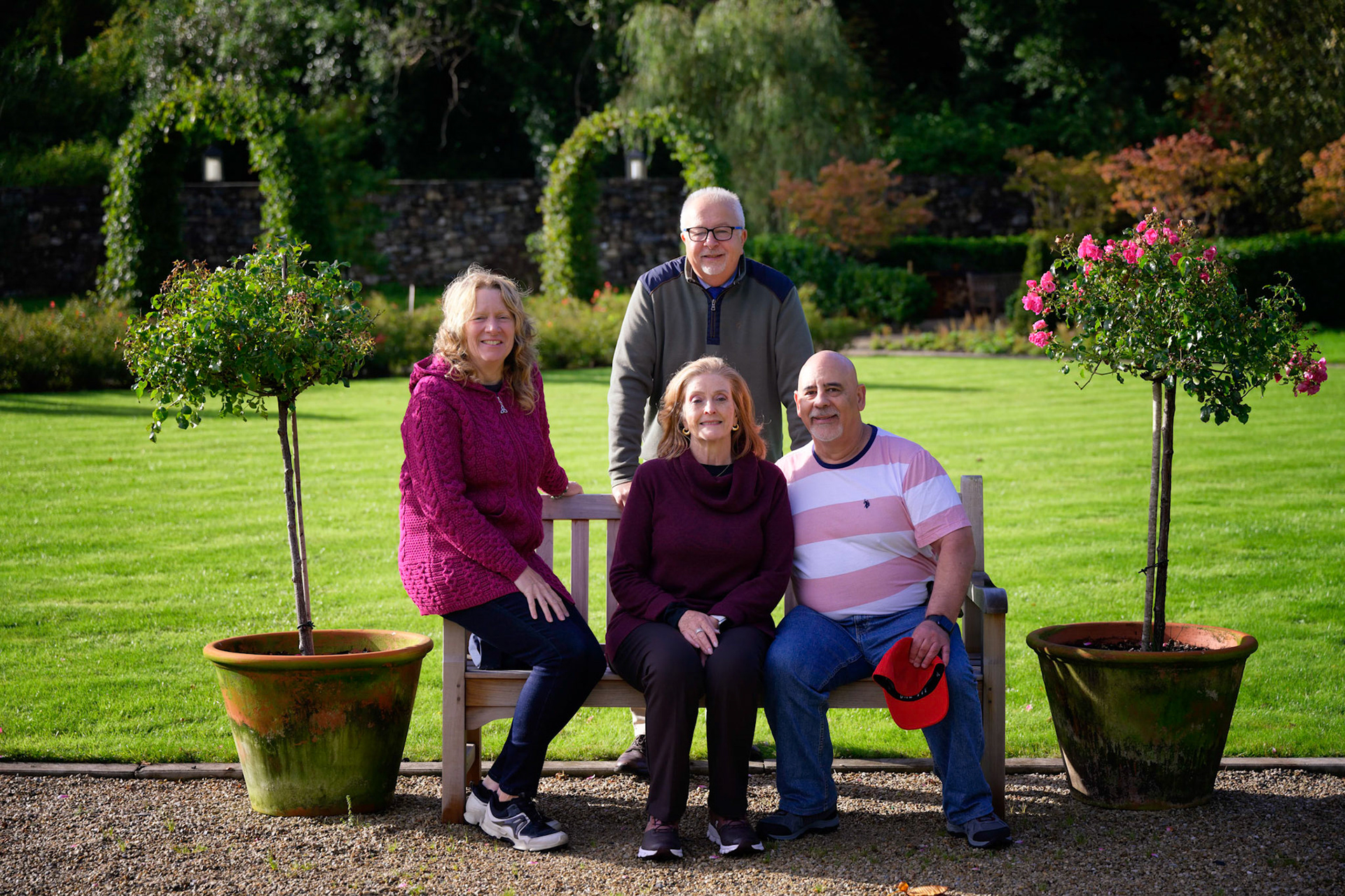 Jan Marie, Maria Olga, Jaime and our outstanding tour guide, Maurice, at the Ballynahinch Castle Walled Garden