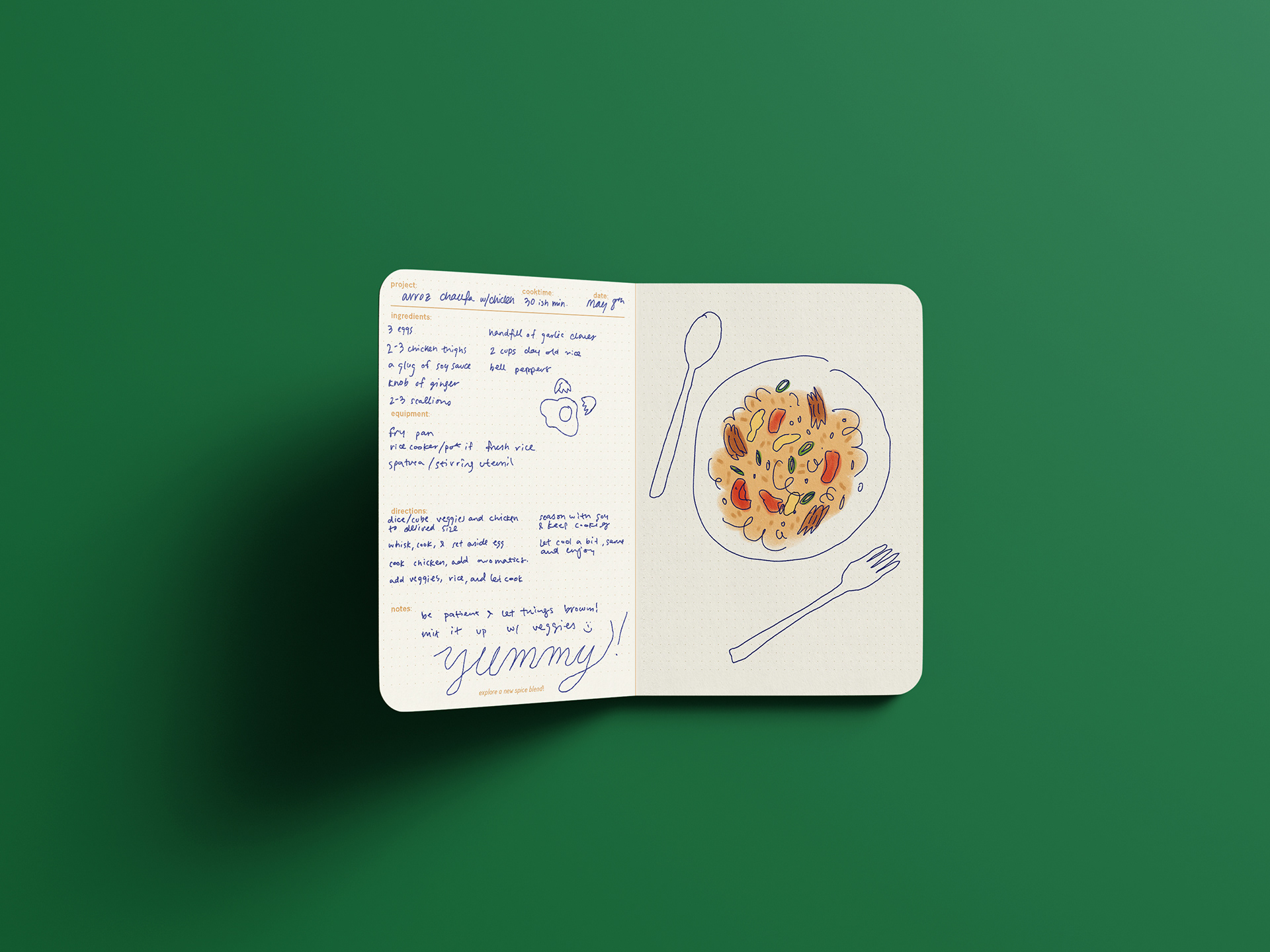 marked up jounral interior, with blank space for extra notes, sketches, food stains...