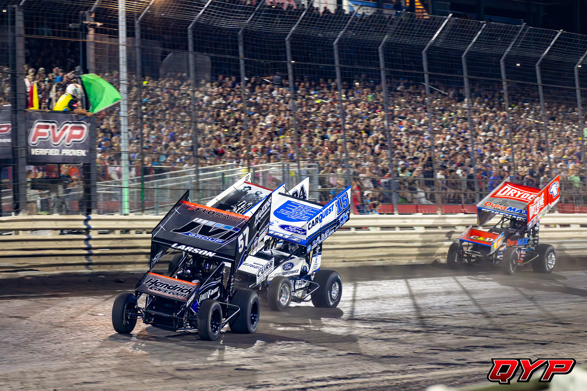 #57 Kyle Larson. #15 Donny Schatz. #24 Rico Abreu. #1s Logan Schuchart. Knoxville Raceway. 8/12/23