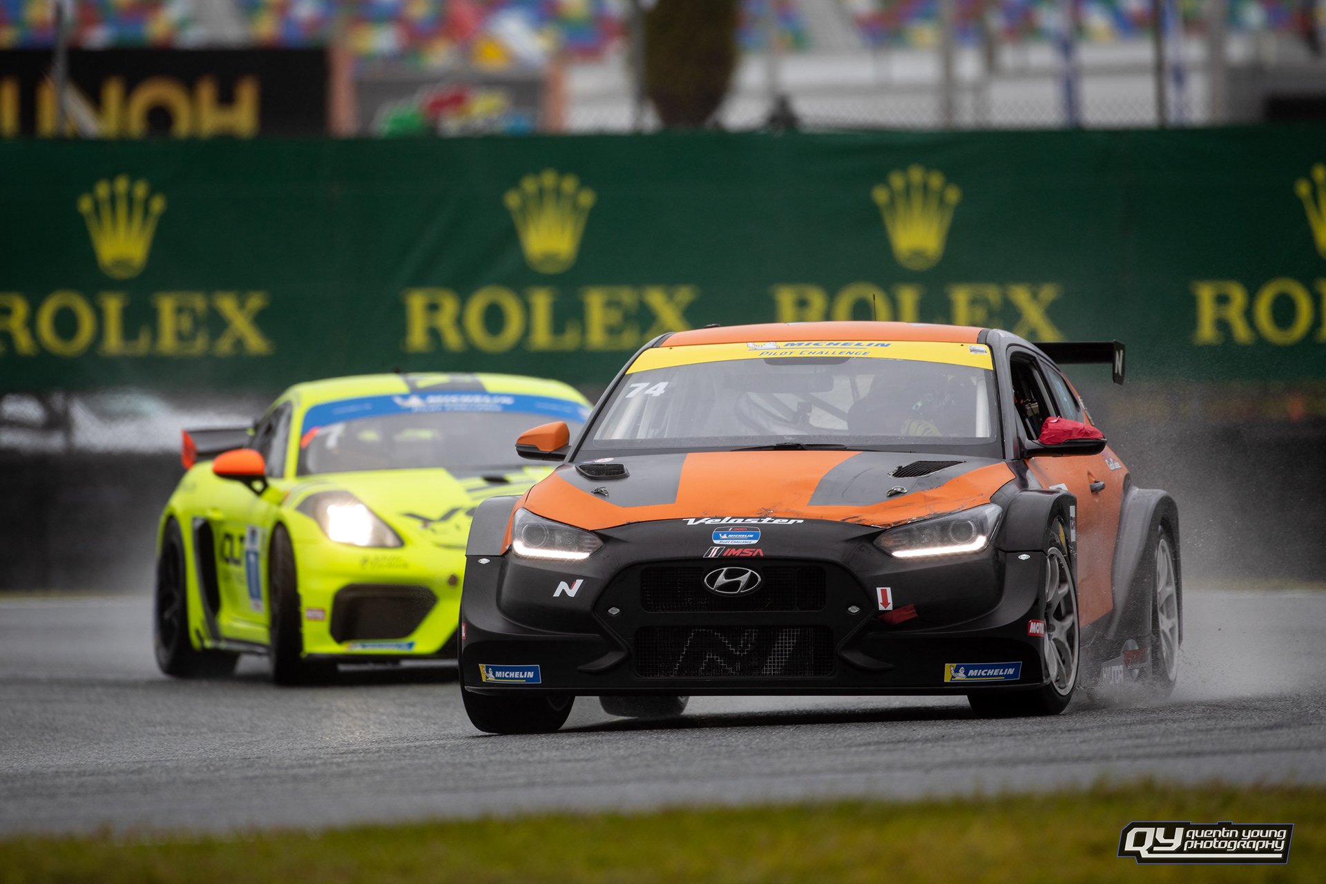 #74 Forty7 Motorsports Hyundai Veloster N TCR. #7 Archangel Motorsports Porsche Cayman 718 GT4 CS.