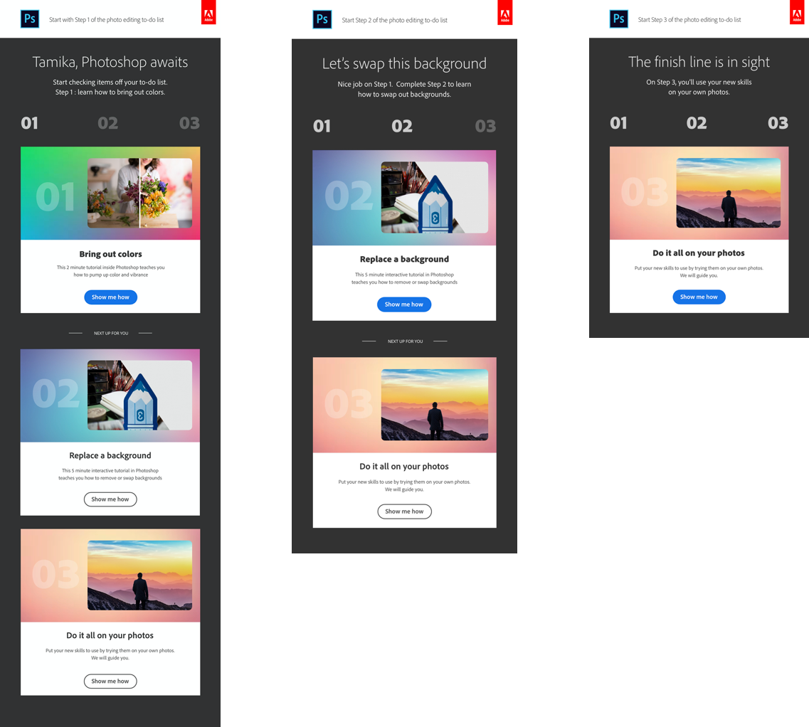 Three of five emails from the test experience