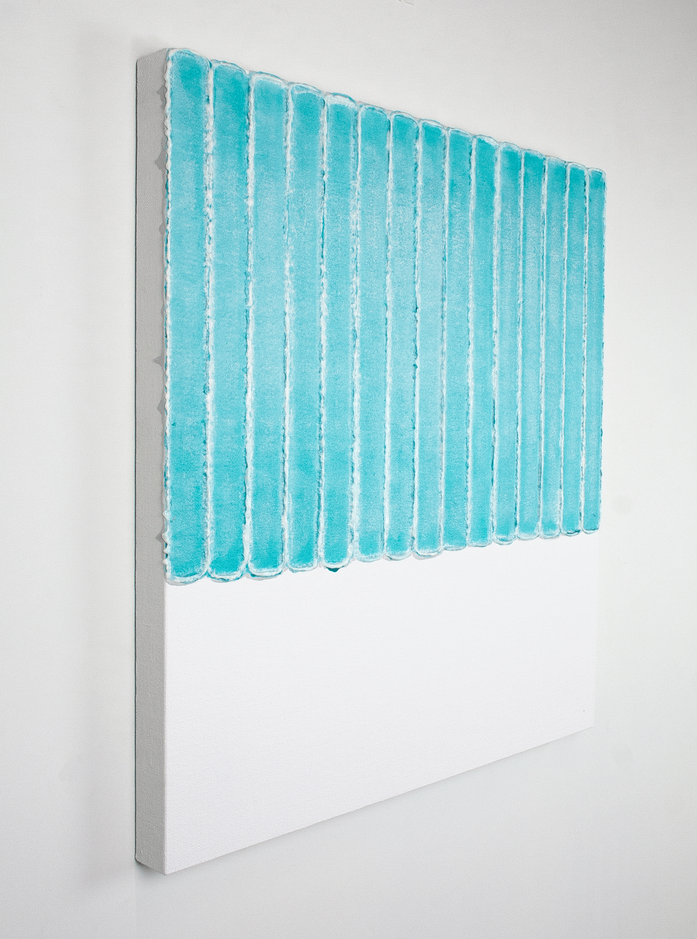 A textured abstract painting by contemporary Dutch artist Maurice van Venrooij, featuring vertical turquoise lines with rough, white edges on a crisp white canvas. The artwork's structured yet organic design creates a sense of rhythm and depth, highlighting Van Venrooij’s unique approach to abstract art.