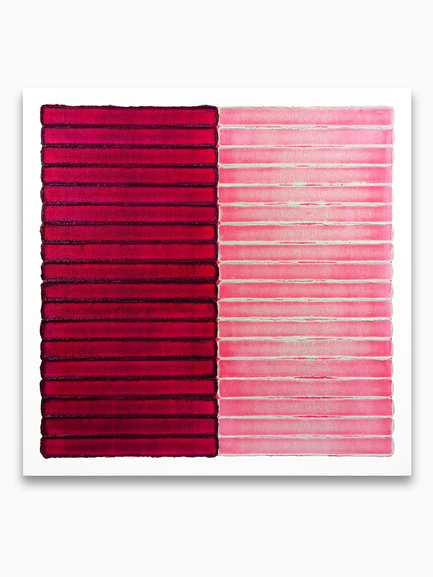Large abstract painting 240904 in magenta, red, white and transparant violet with tactile edges and multi-layered in color. by Dutch artist Maurice van Venrooij.