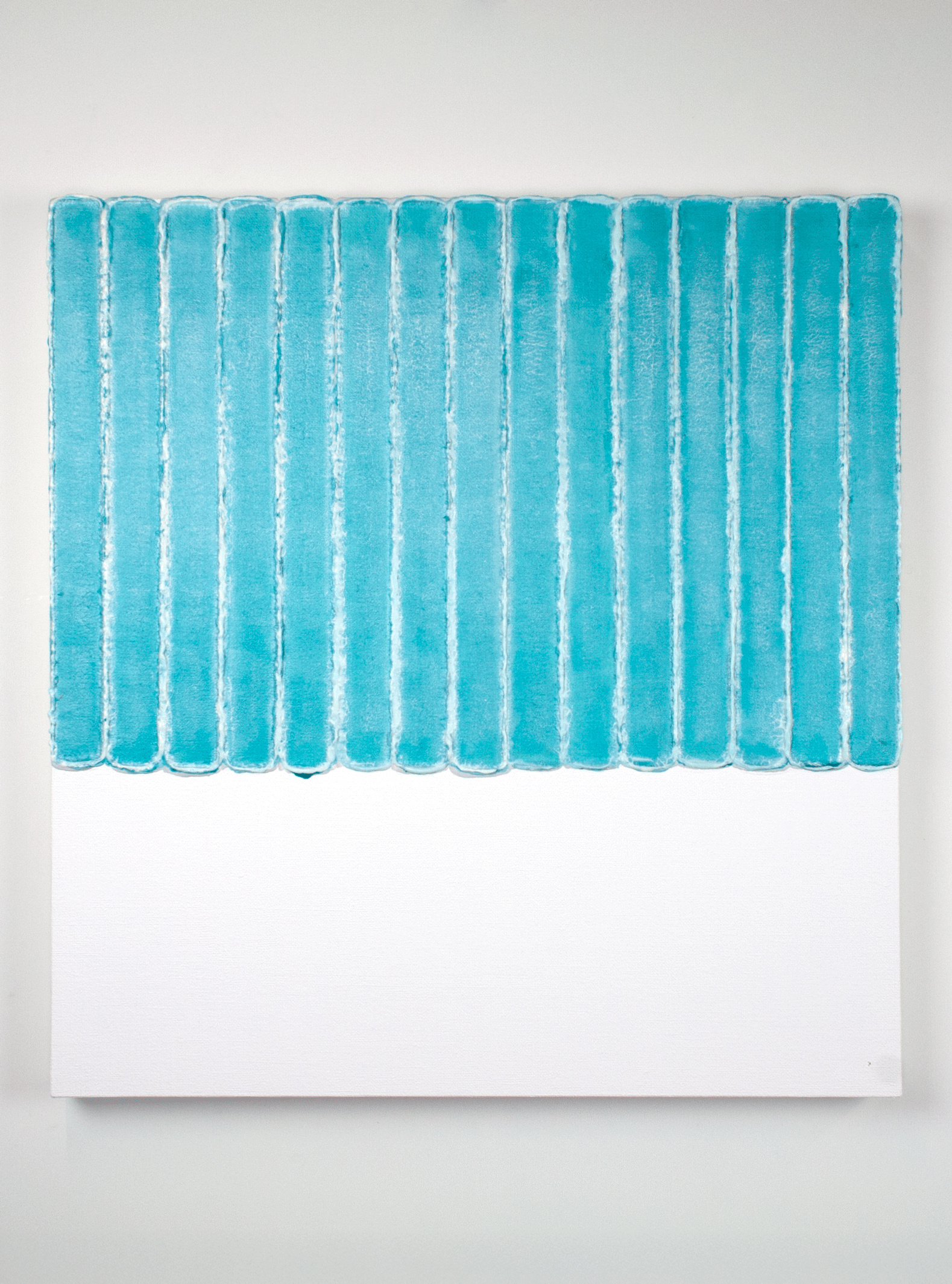 A textured abstract painting by contemporary Dutch artist Maurice van Venrooij, featuring vertical turquoise lines with rough, white edges on a crisp white canvas. The artwork's structured yet organic design creates a sense of rhythm and depth, highlighting Van Venrooij’s unique approach to abstract art.