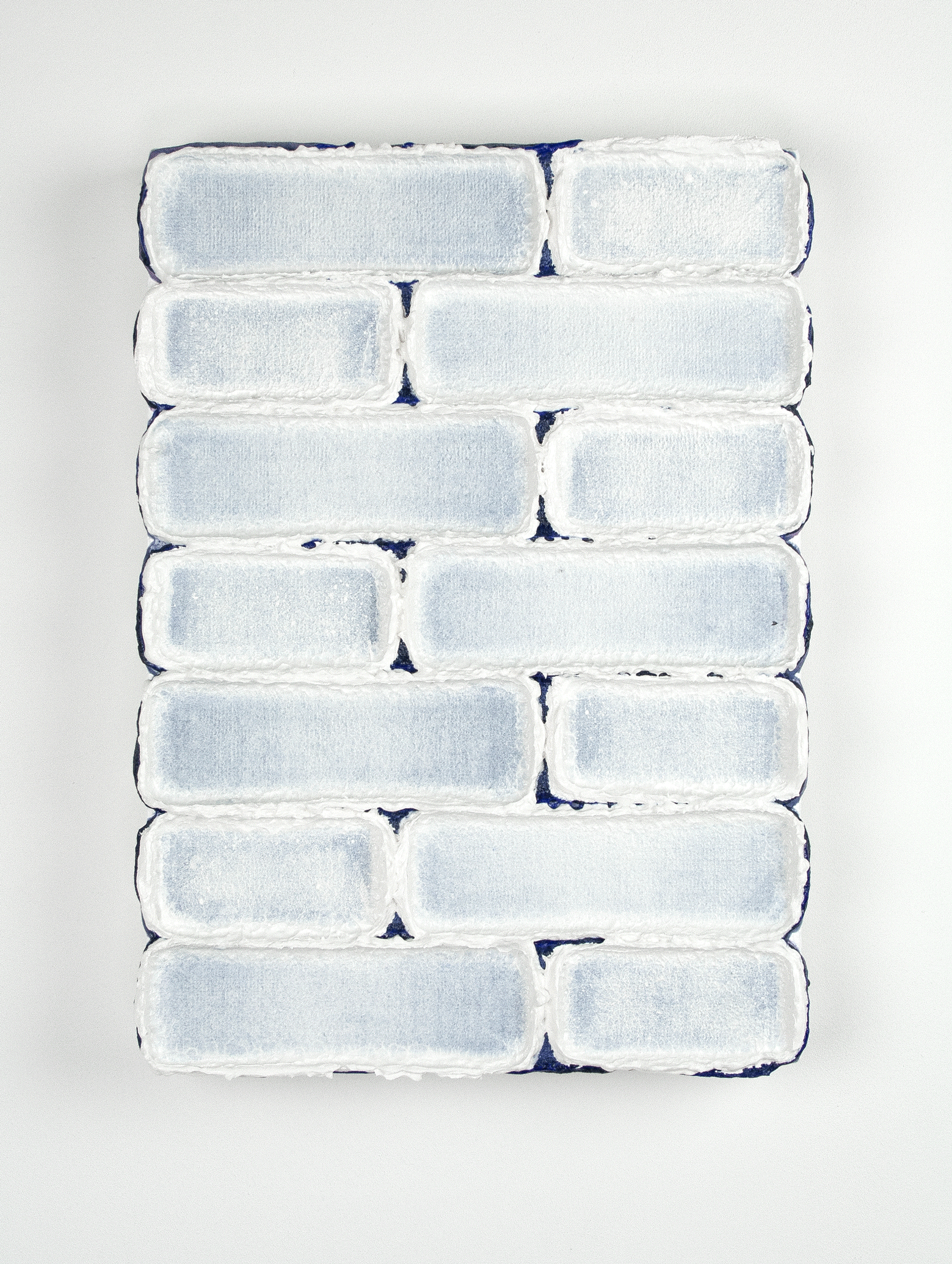 A striking abstract painting by contemporary Dutch artist Maurice van Venrooij, depicting a grid-like pattern of soft blue rectangular shapes with thick white textured borders against a deep navy background. The painting’s tactile surface and structured composition reflect Van Venrooij’s signature abstract style.