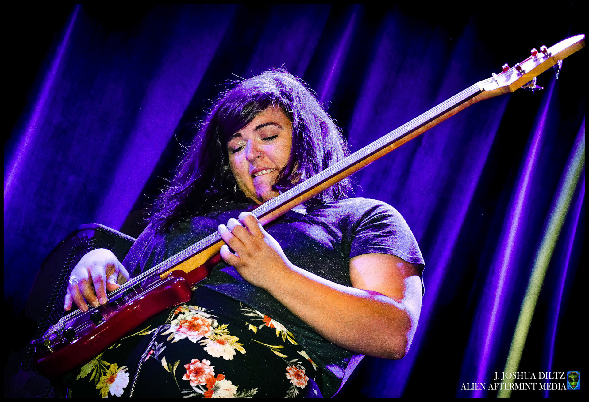 Bassist extraordinaire Marina Christopher of Marina and the Dream Boats performs in an improvisational Jam on stage at Mo' Jam Mondays in Seattle, Washington.  A weekly jam session where Seattle's hottest musicians and artists gather every Monday.  [Seattle, Washington] [October 2018]
