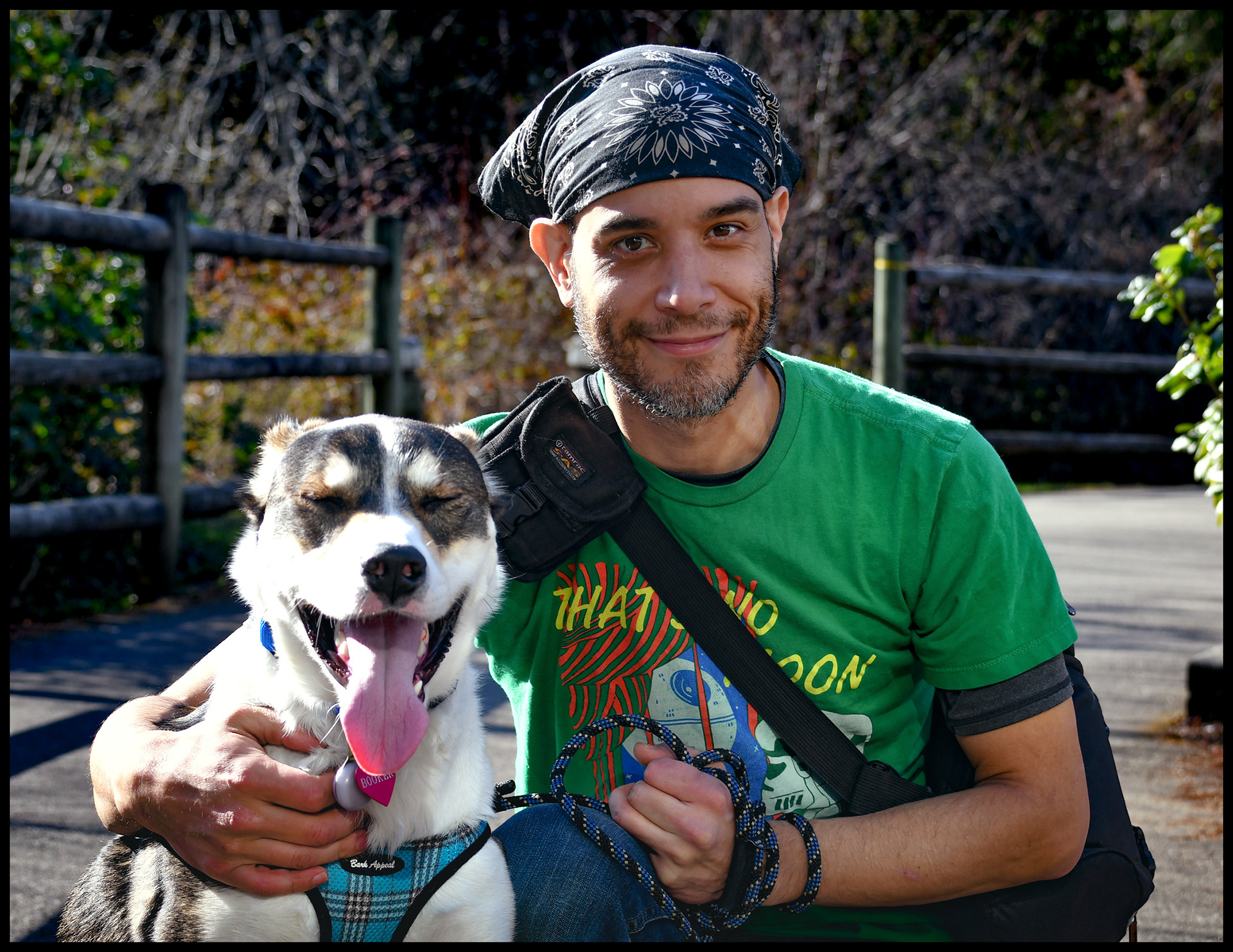 J. Joshua Diltz, Native American FIlmmaker, Photographer enjoys a spring stroll with his dog Booker.  Photo Courtersy Jael Diltz.  Music, Concerts, Events, Portraits..