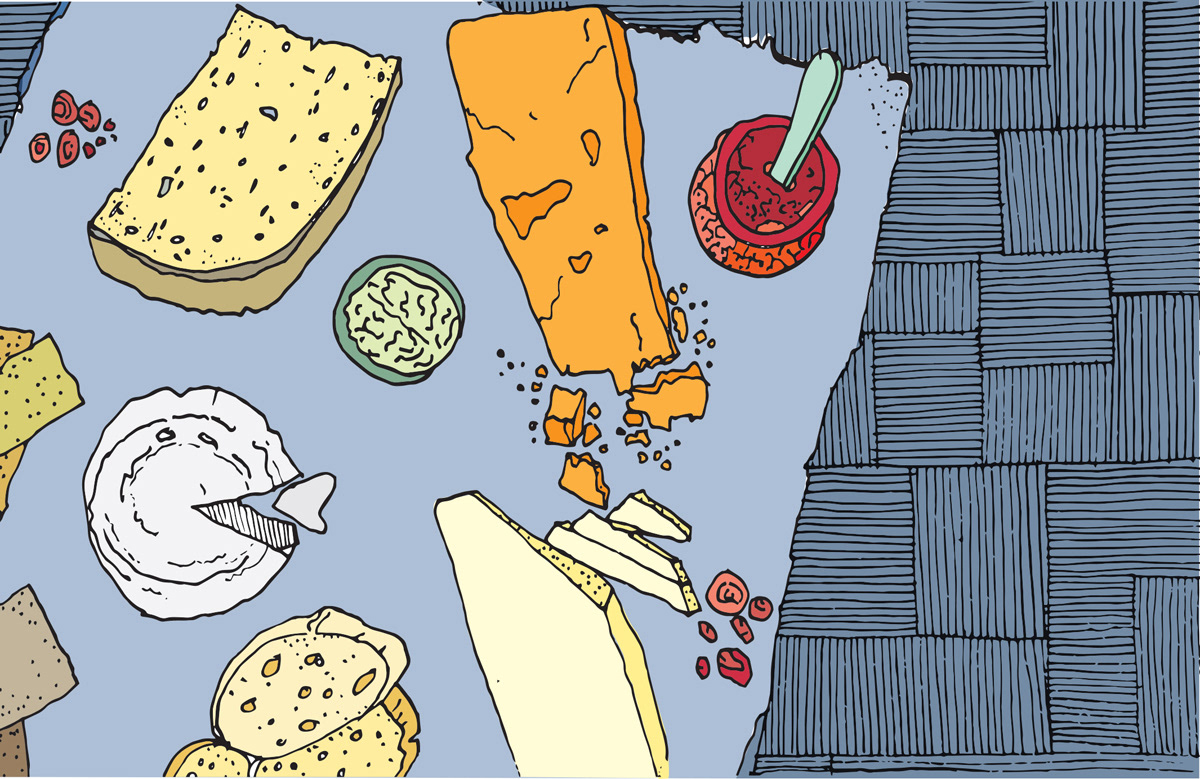 Illustration of a cheese board with selection of cheeses and chutney jar.