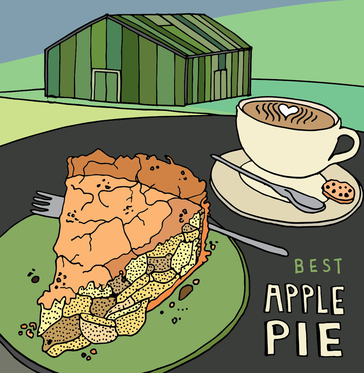 Illustration of a slice of apple pie on a green plate with a cappuccino by the side that says best apple pie.