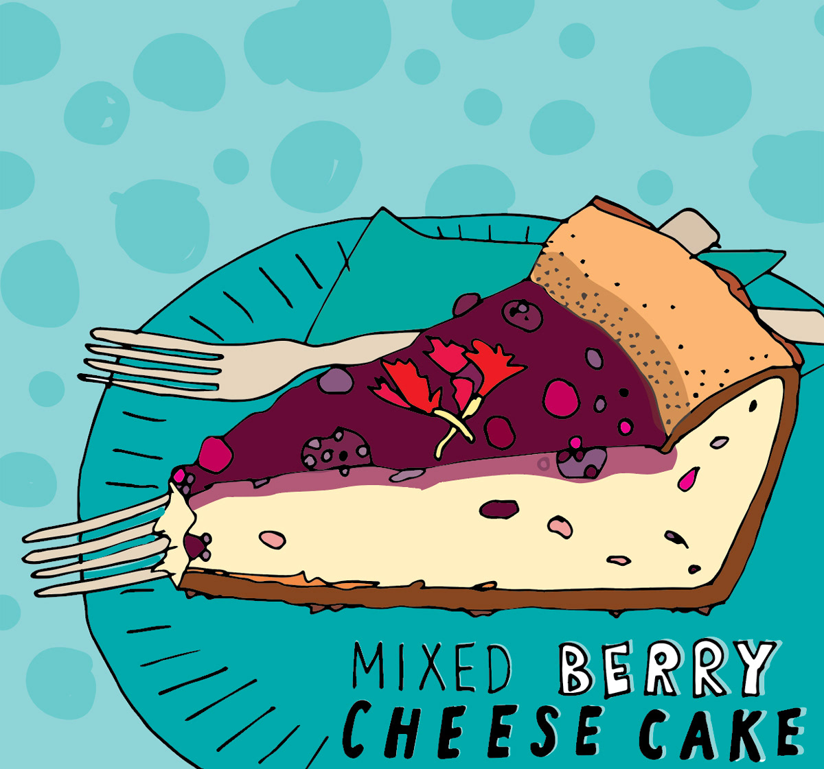 Illustration of a slice of mixed berry cheesecake on a teal coloured plate with 2 forks by the side.