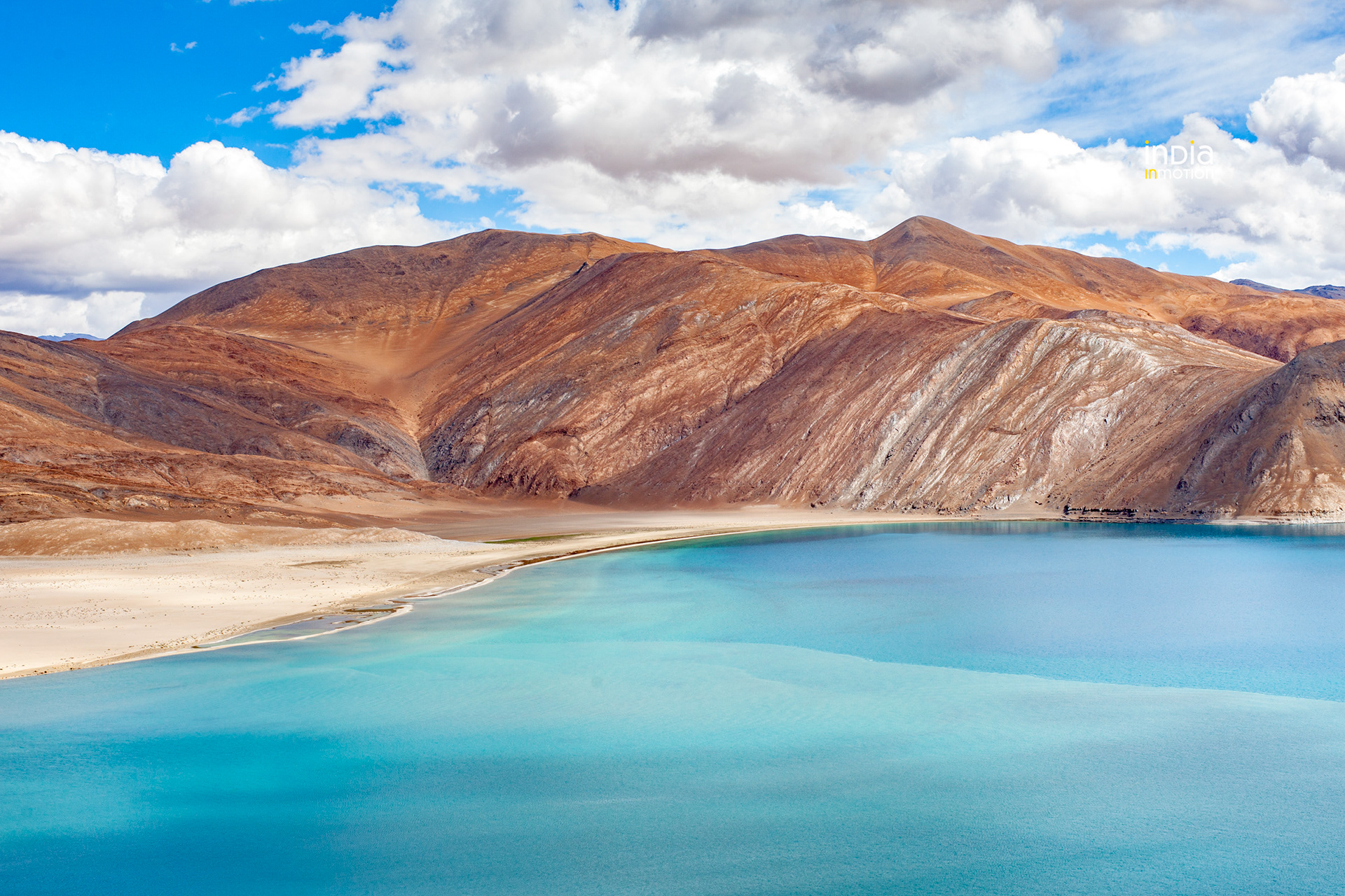 The emerald blue waters of the Pangong Lake