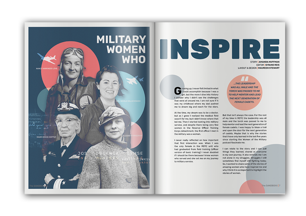 First spread layout for a feature on inspiring military women through history