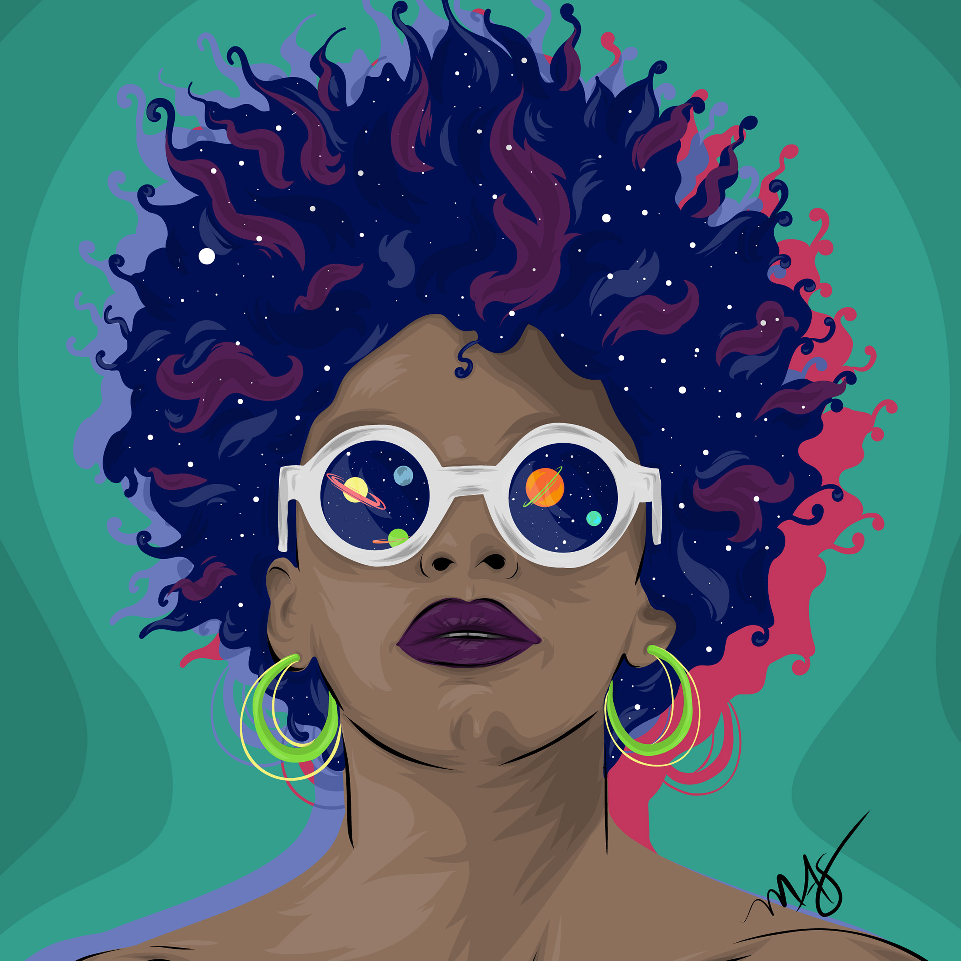 A vector portrait of a black woman with spacey hair and a reflection of space in her glasses
