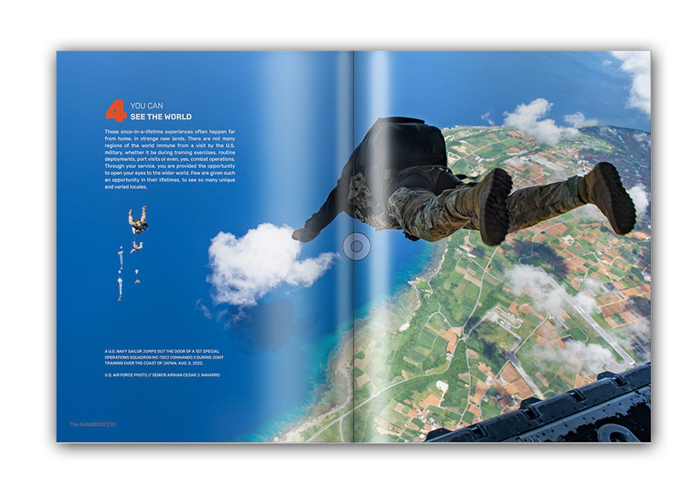 Third spread in a layout for a feature about reasons you should join the military