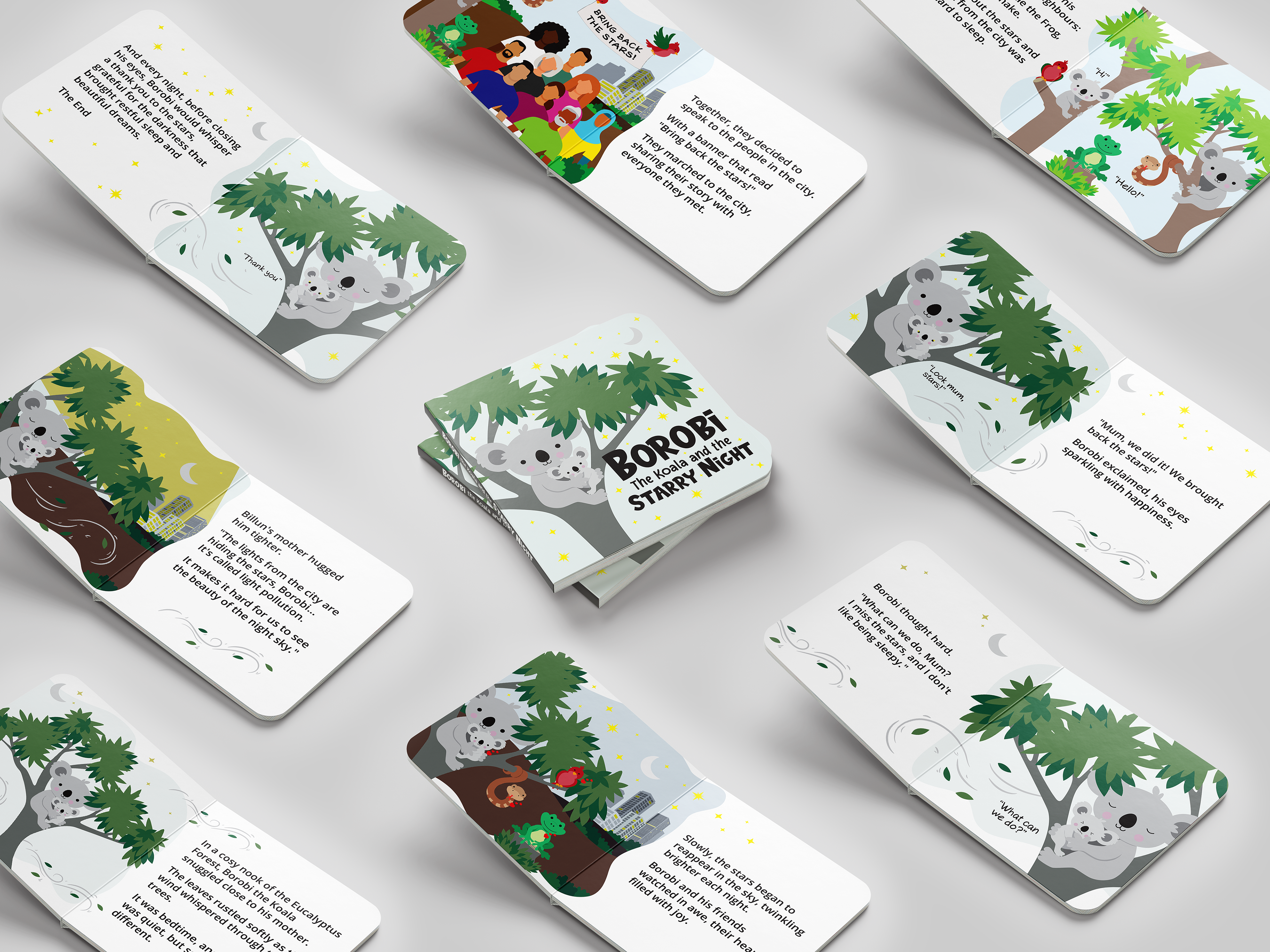 A mock-up of a children's book titled 'Borobi and the Starry Night'. The pages feature colourful illustrations of a koala named Borobi in various scenes, such as sitting in a eucalyptus tree under a starry sky and interacting with other animals. The book appears to tell a story about Borobi's adventures, with text on each page accompanied by charming, nature-themed artwork. The book is shown in multiple open and closed views, highlighting its engaging design and playful illustrations.