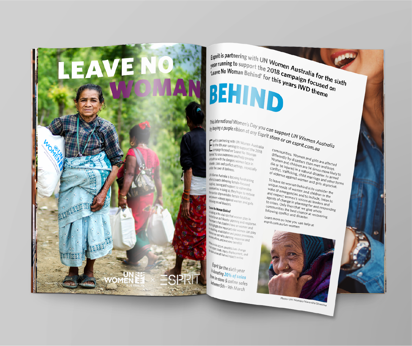 A magazine spread featuring Esprit's partnership with UN Women Australia for the 'Leave No Woman Behind' campaign. The left page displays a photograph of a woman holding a UN Women package, accompanied by the campaign slogan 'Leave No Woman Behind'. The right page includes details about the campaign, encouraging support through the purchase of purple ribbons, with a focus on empowering women affected by disasters.