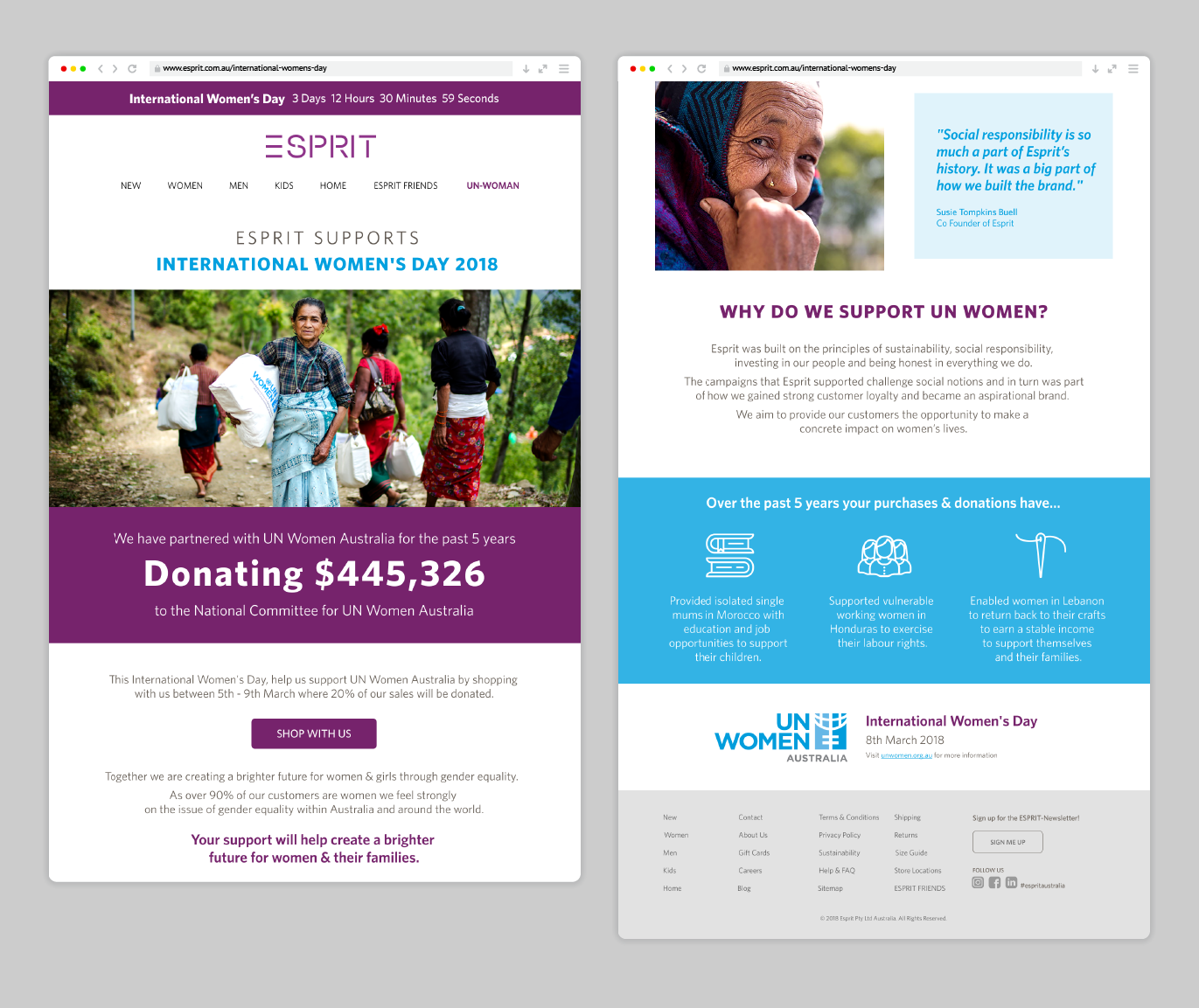 A webpage from Esprit's site supporting International Women's Day 2018. The left side of the page highlights a donation of $445,326 to the National Committee for UN Women Australia, with a photo of women carrying UN Women packages. The right side explains why Esprit supports UN Women, mentioning the brand's commitment to social responsibility, and outlines the positive impacts of donations over the past five years, including supporting single mums, working women in Honduras, and women in Lebanon.