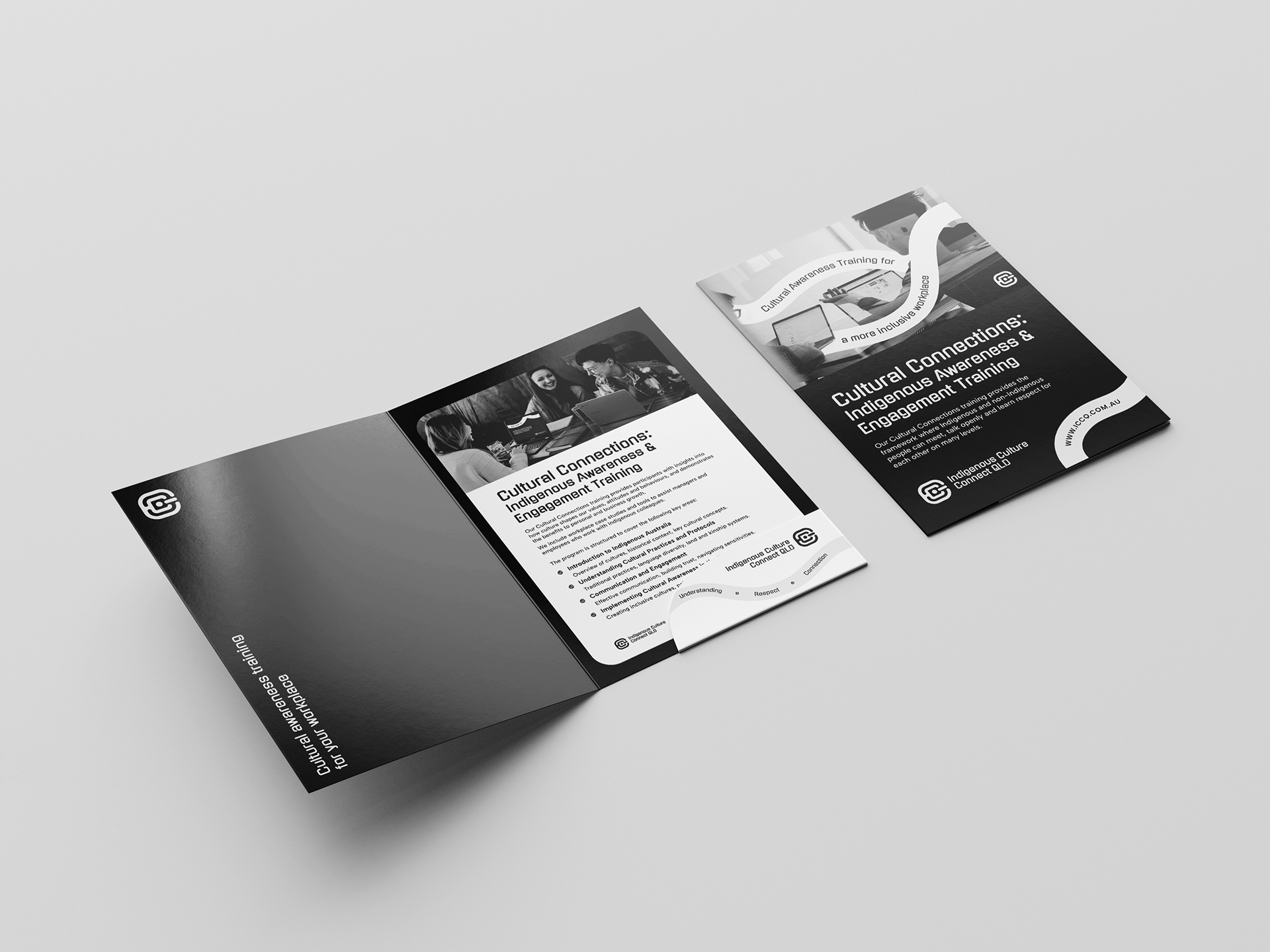 A mockup of a brochure and folder for Indigenous Culture Connect QLD's 'Cultural Connections: Indigenous Awareness & Engagement Training'. The brochure is displayed both inside an open folder and separately. The design is professional, with a black and white colour scheme, featuring images of people engaged in training sessions. The content highlights the benefits of cultural awareness training for workplaces, with the logo and contact information for Indigenous Culture Connect QLD prominently displayed.