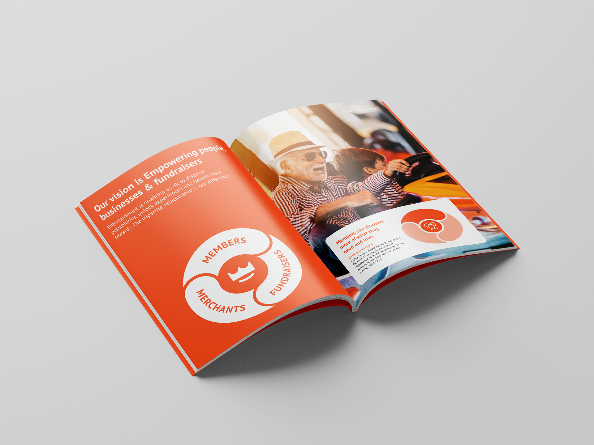 An open brochure displaying a double-page spread with a bold orange background. The left page features the vision statement of the 'Entertainment' brand, focused on empowering people, businesses, and fundraisers, with an infographic showing the tripartite relationship between members, merchants, and fundraisers. The right page includes a photograph of an elderly man and a child enjoying a ride, alongside text highlighting how members can discover more of what they love through the program.