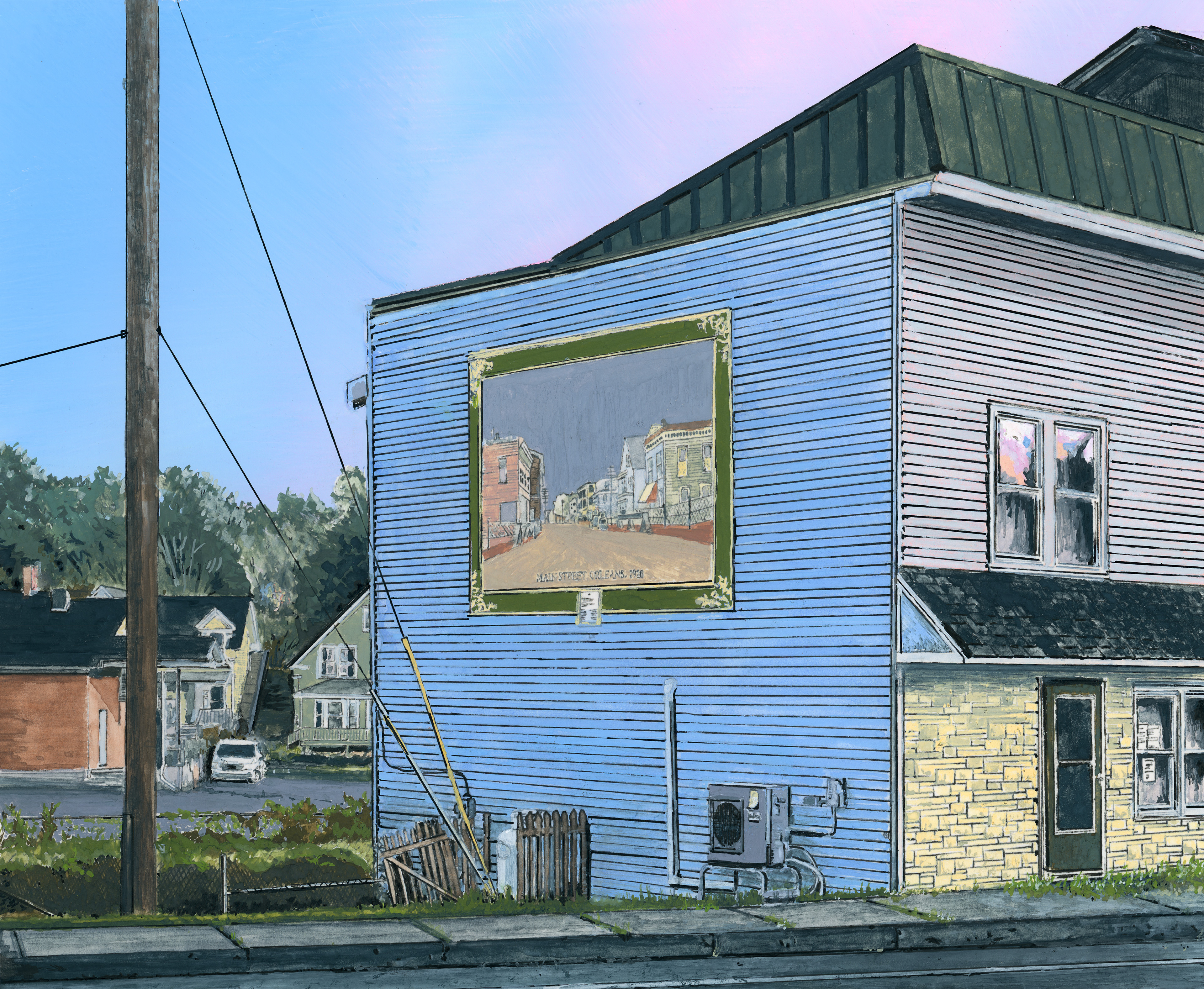 A street scene depicting a mural and buildings in Orleans, Vermont.