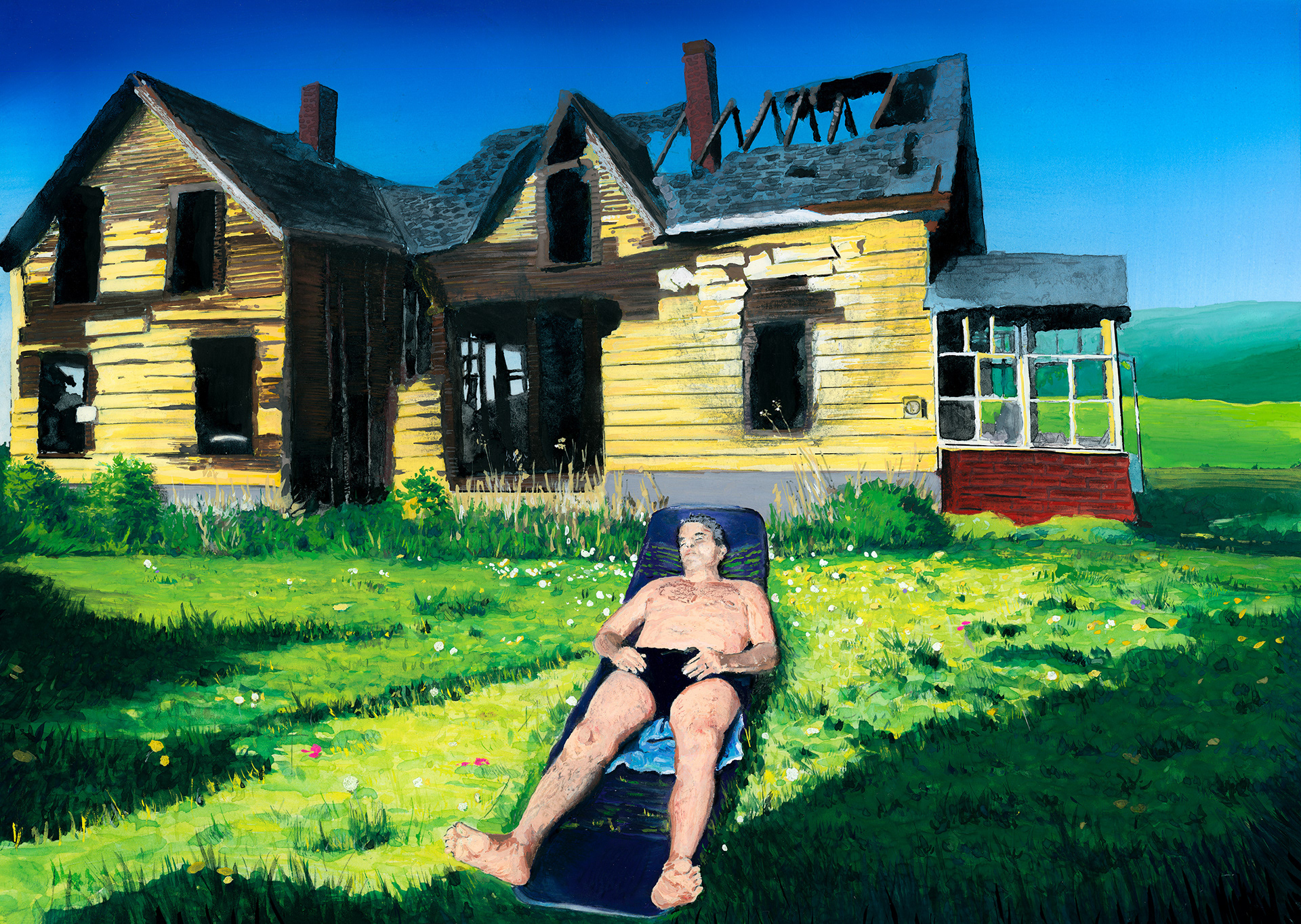 A man sunbathes in front of the burnt-out shell of his former home. His lawn is green and vibrant, and full of small flowers. The Green Mountains, hills and fields can be seen in the distance. The man's face struggles to find peace, but he seems content for the moment..