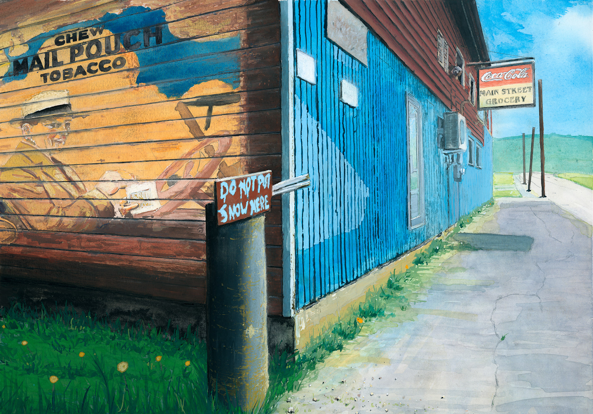 On the corner, two painted signs offer pertinent information. A smiling man in a hat pinches a wad of chewing tobacco. A door hovers, stepless, above the encroaching overgrowth. Distant lime-green hills reflect the warmth of a young Spring day.