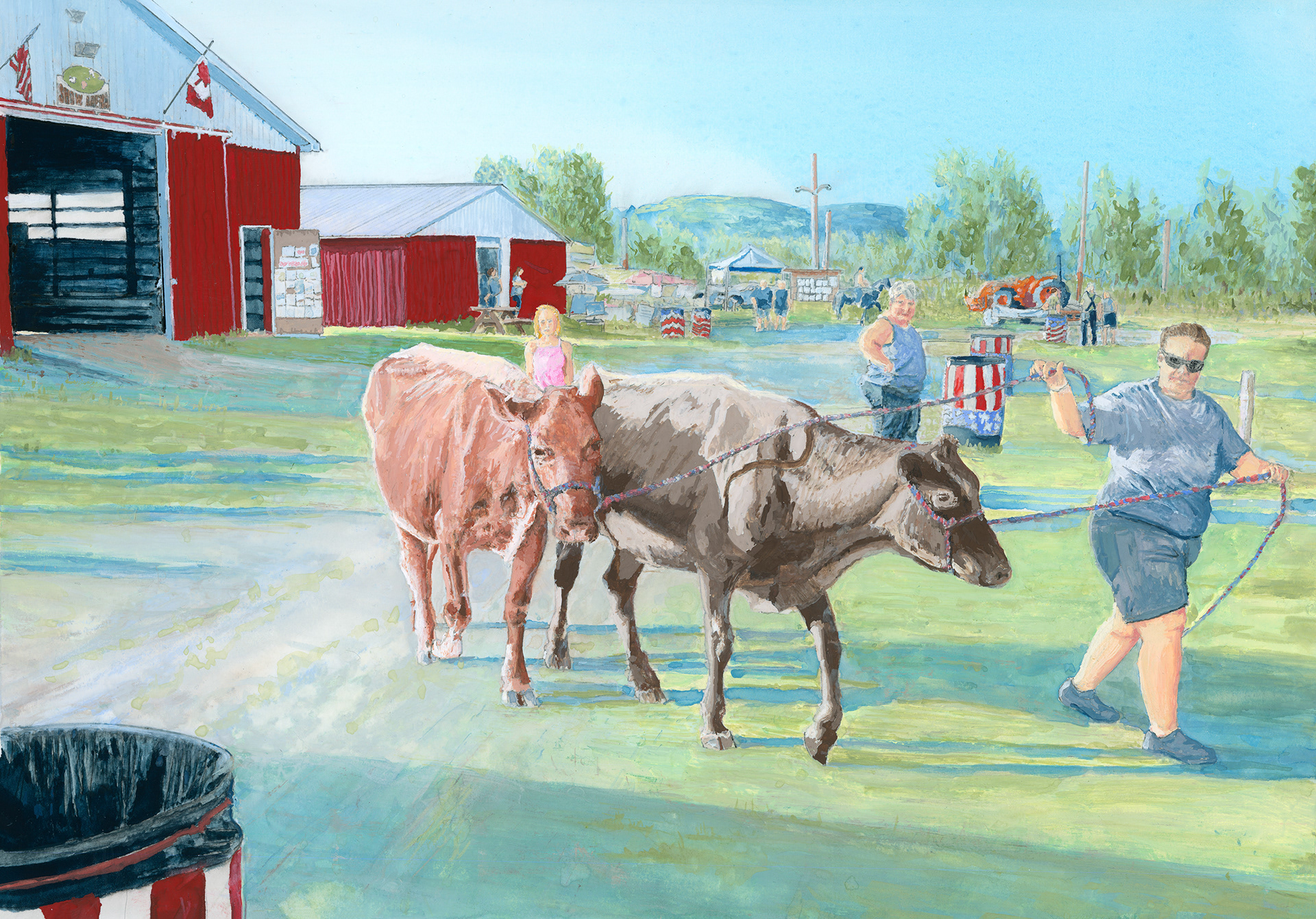 A Spring evening at the Vermont fairgrounds. Two dairy cows have just been auctioned, a stern woman leads them to their away. Face reddened, a young girl says goodbye. In the distance, ice cream and casual strolls, horse-riding and holding hands.