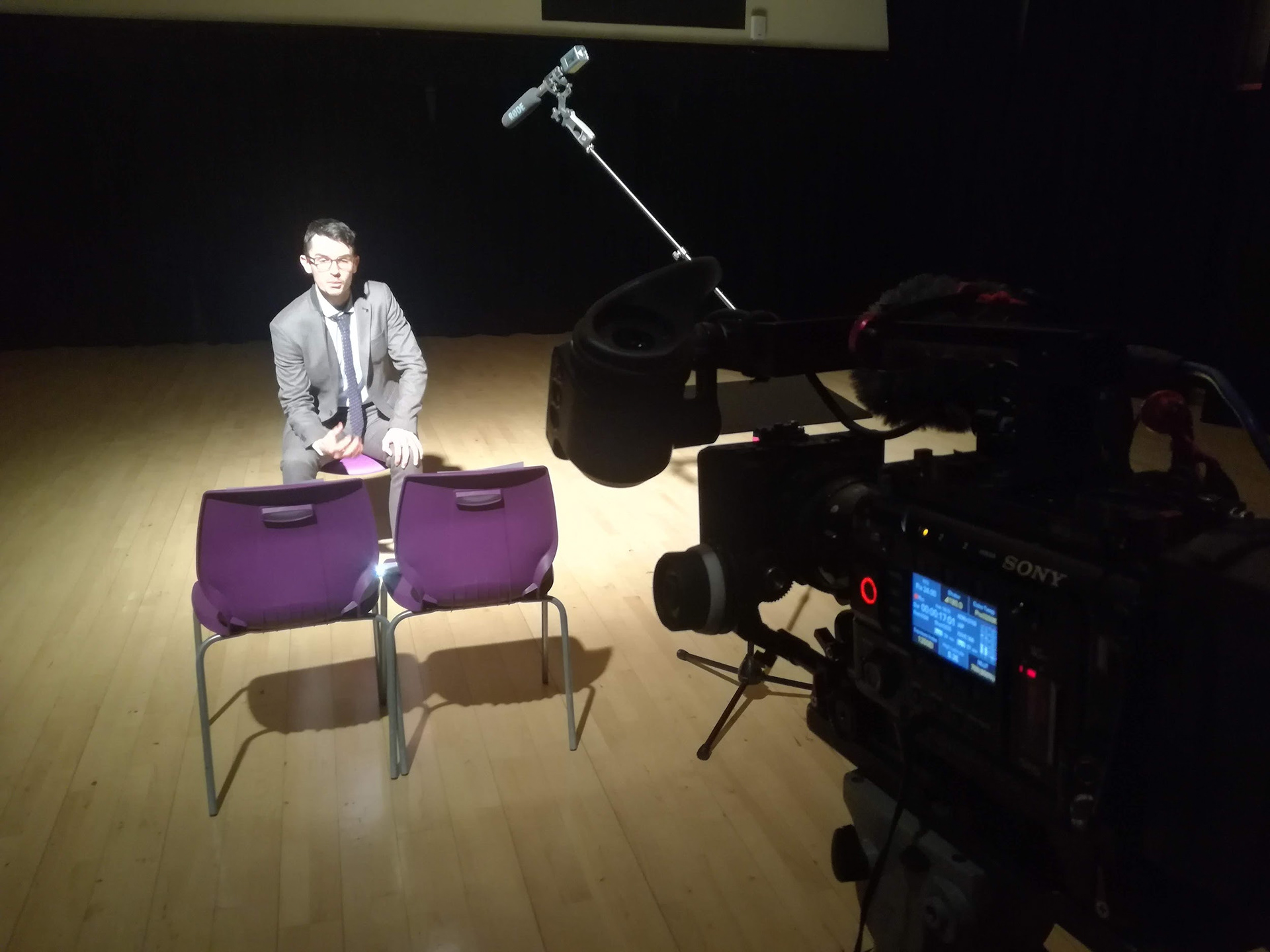 Piece to camera in theatre studio