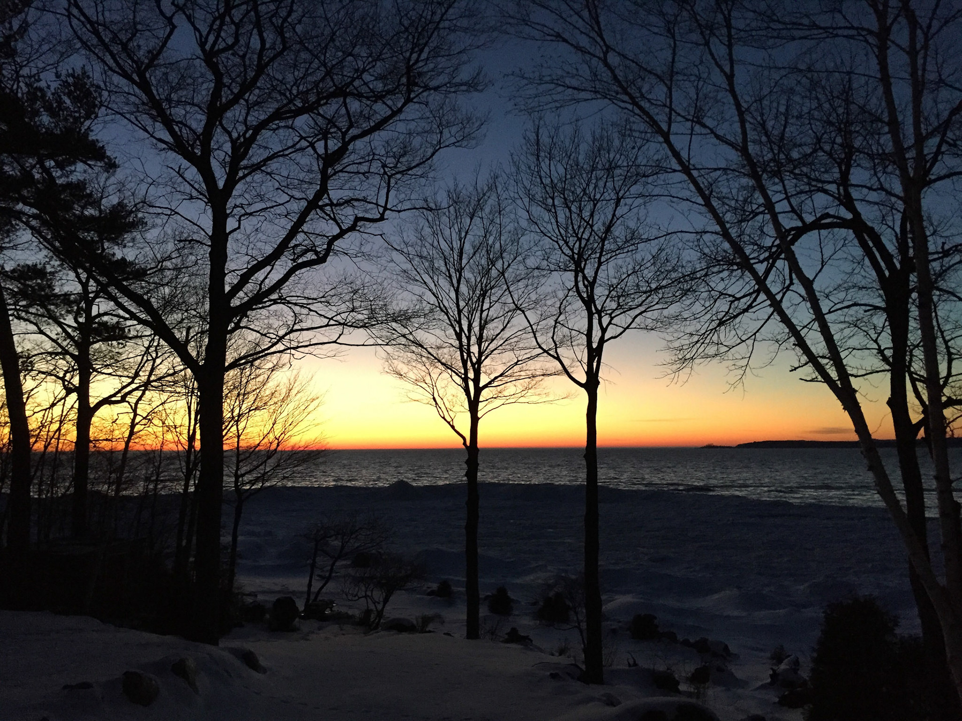 The changing sky of a Georgian Bay paradise: twilight on this spring-like winter day.