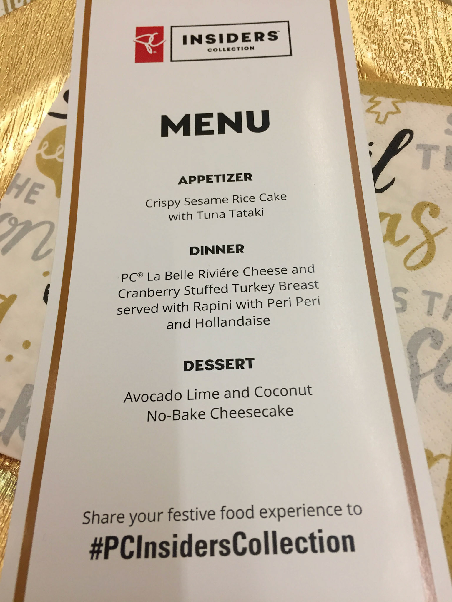 Our menu for the PC Insiders Collection Holiday Experience class/dinner - wow!