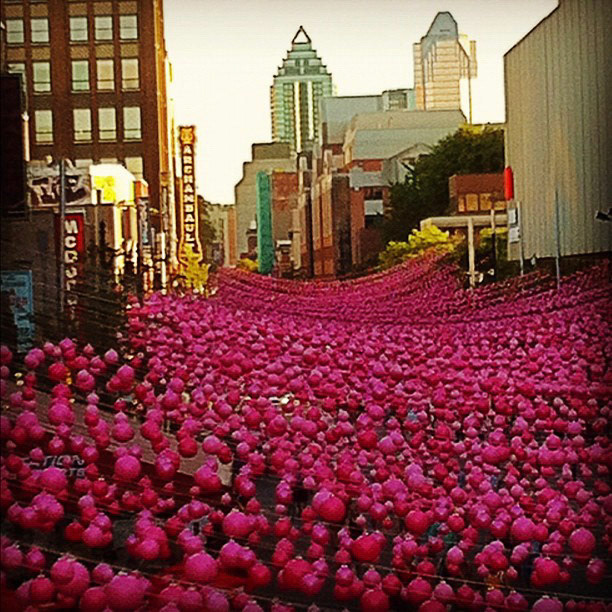 Really cool public art "bubbling" above Rue Sainte-Catherine in Montreal's Gay Village