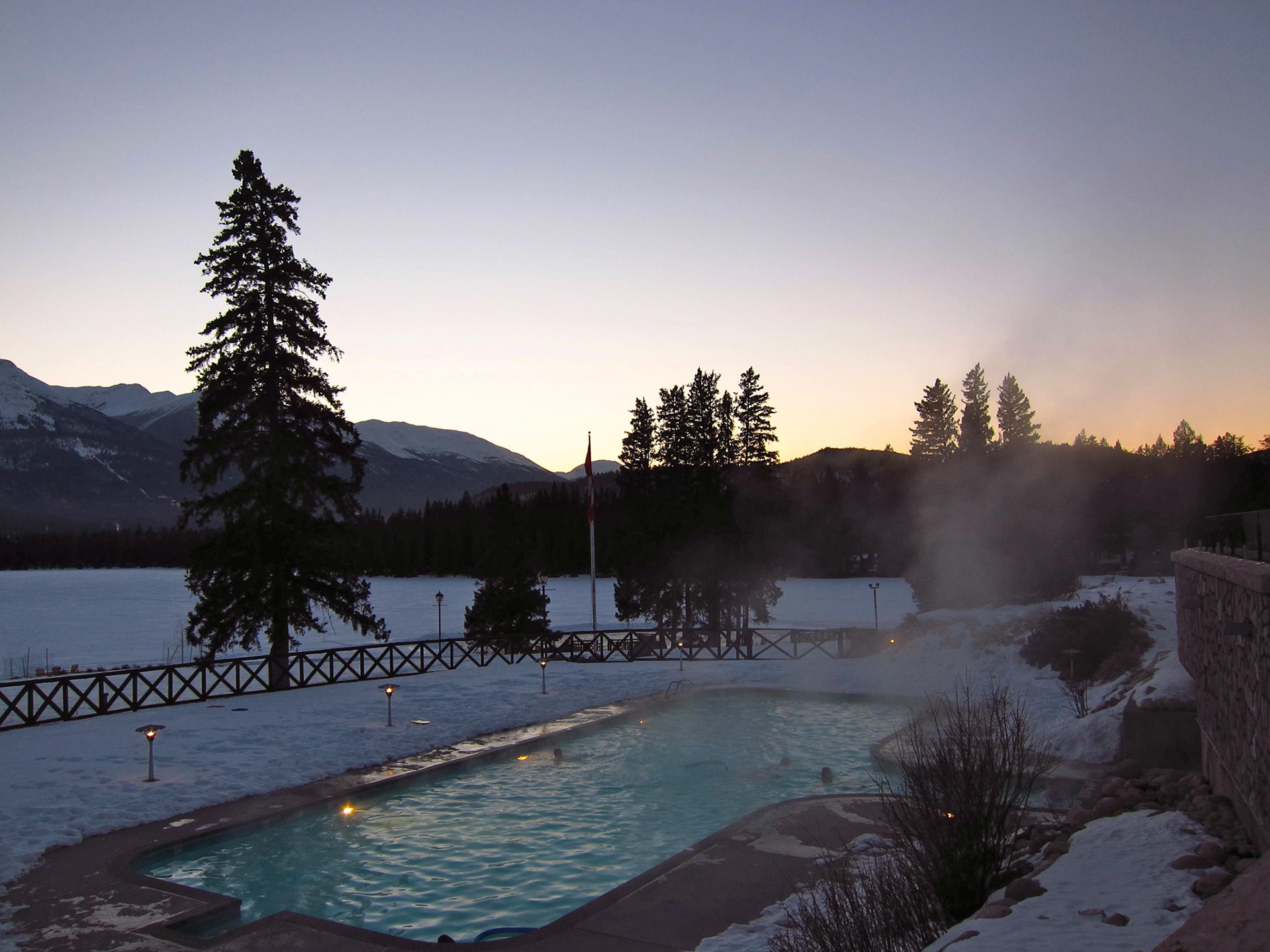 The steaming pool at Jasper Park Lodge is the ultimate way to relax after a long day of skiing - what a view!