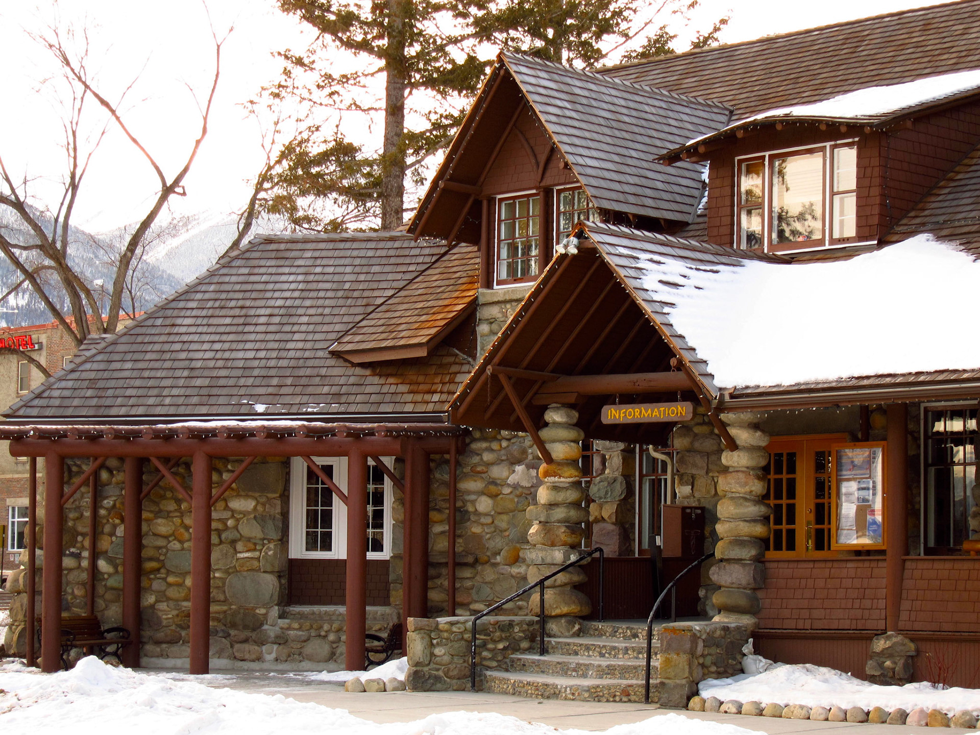 The stone and timber historic Jasper National Park info centre