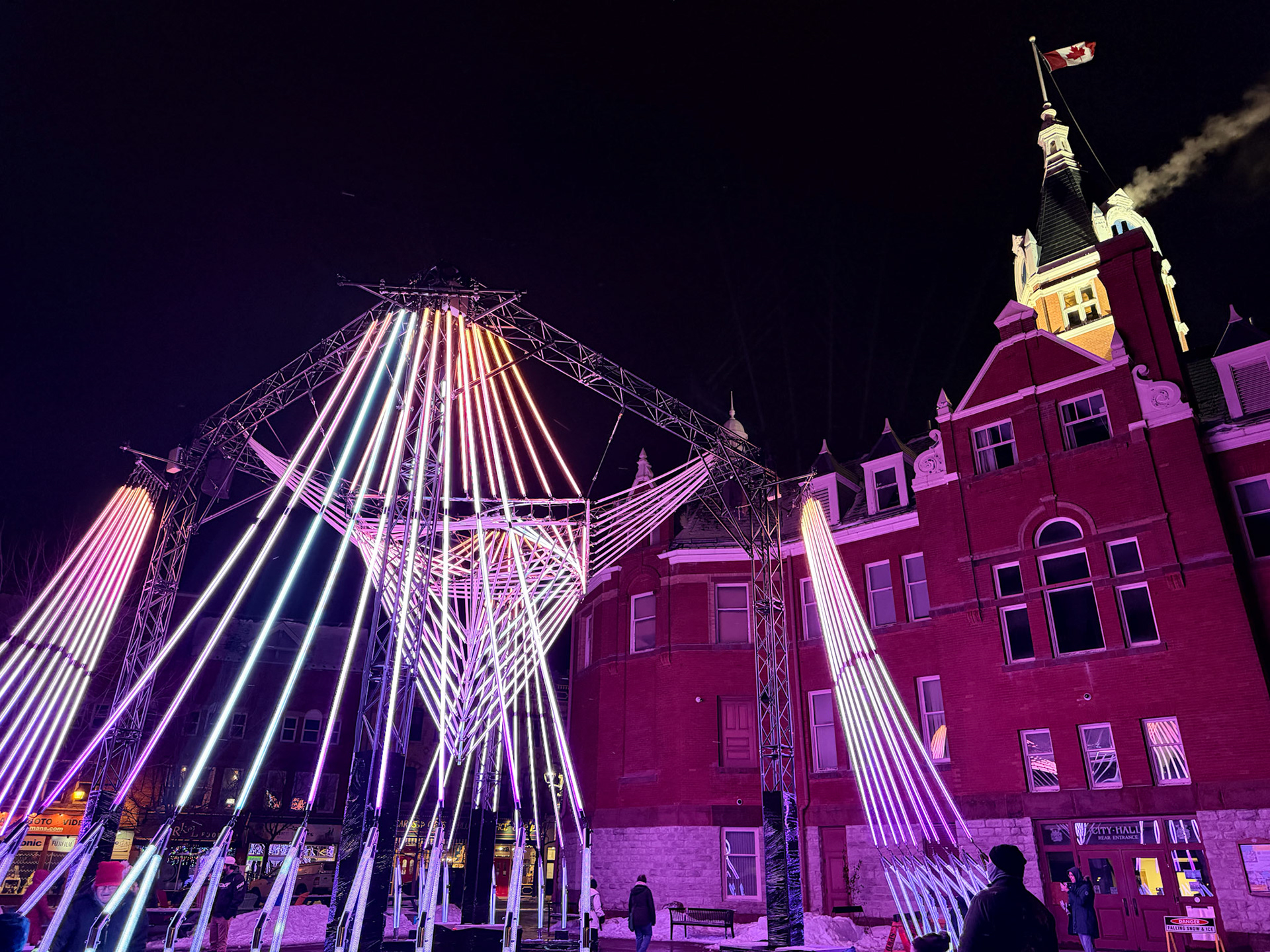 Stratford's Market Square was lit up with the interactive, musical light installation called "Chronoharp"