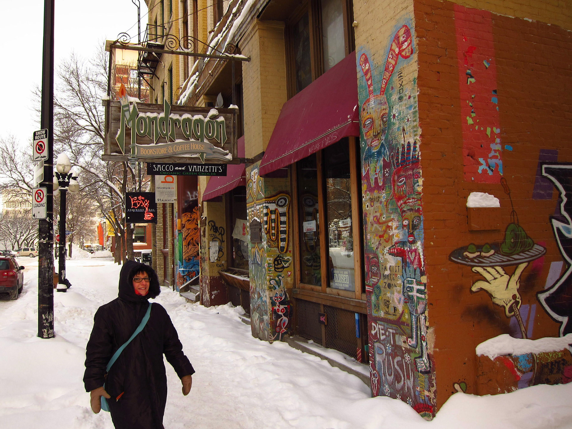 Erin's favorite Winnipeg bookstore and cafe: Mondragon. Also serves green eggs and ham (look at the graffiti art)