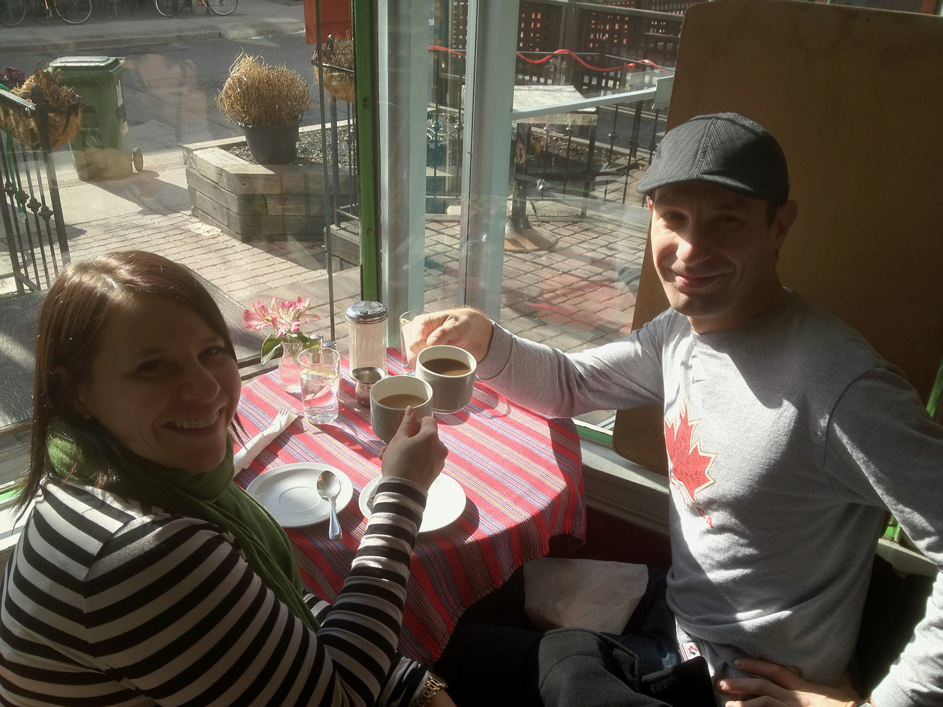 Starting a perfect day with brunch at Cafe La Gaffe - my favourite place for an intimate morning chat in Toronto... our table tucked into the window!